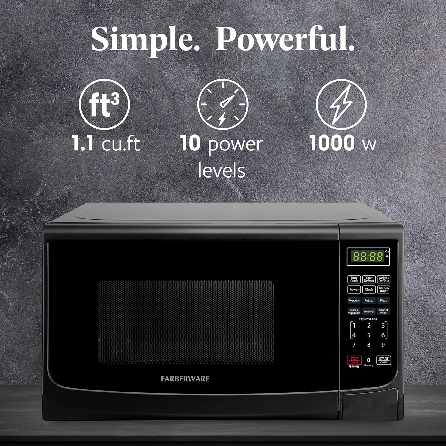 Farberware 1.1 Cu. Ft. Countertop Microwave Oven – 1000 Watts Power, Auto Cook Settings, Defrost, Easy Clean and Child Safety Lock - Black