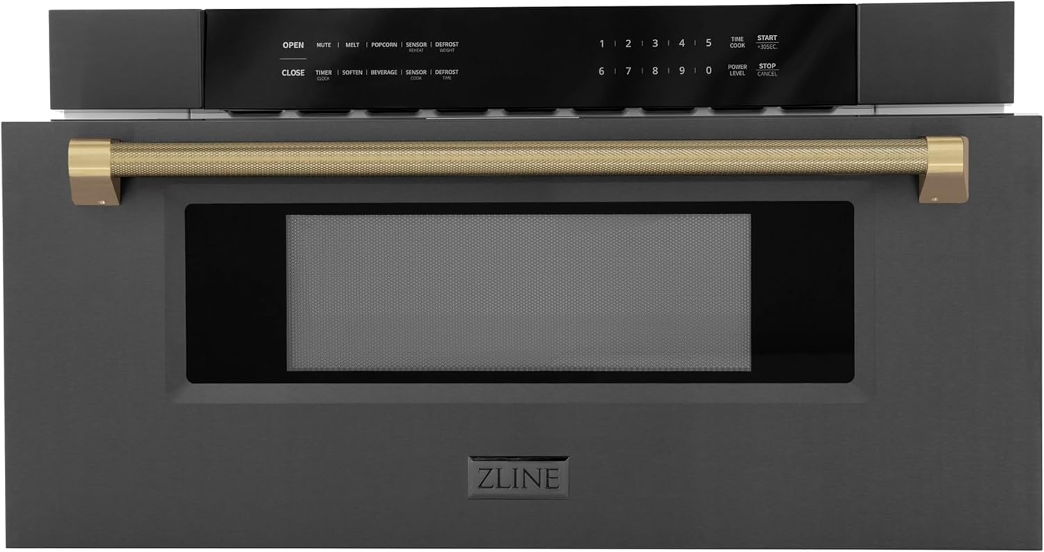 ZLINE Autograph Edition 30 in. 1.2 cu. ft. Built-in Microwave Drawer in Black Stainless Steel and Champagne Bronze Helix Handle (MWDZ-30-BS-KCB)