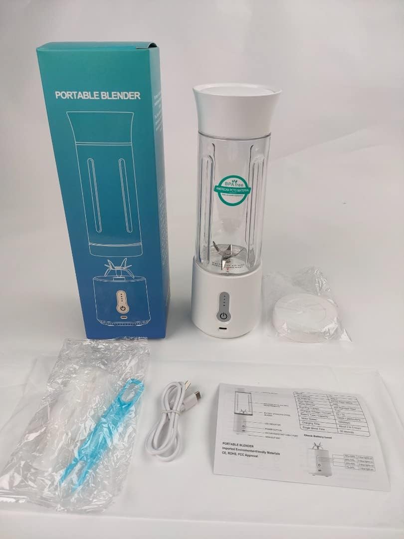 Generic Portable Blender, 500ml, 17 Ounces, White, Rechargeable USB, Ideal for Travel, Gym, School, Office, Beach, Additional Cover, with 6 Blades
