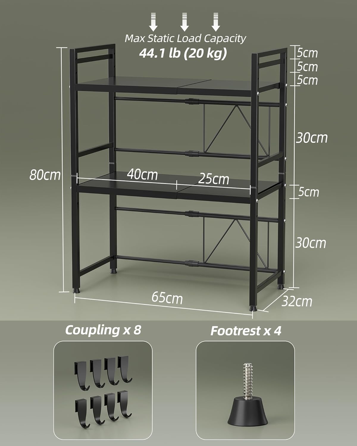 NETEL 2 Pcs Expandable Microwave Stand,3 Tier Metal Kitchen Countertop Organizer Shelves with 8 Hooks,Bakers Rack,Microwave Shelf,Microwave Oven Rack,110lbs Weight Capacity,Black