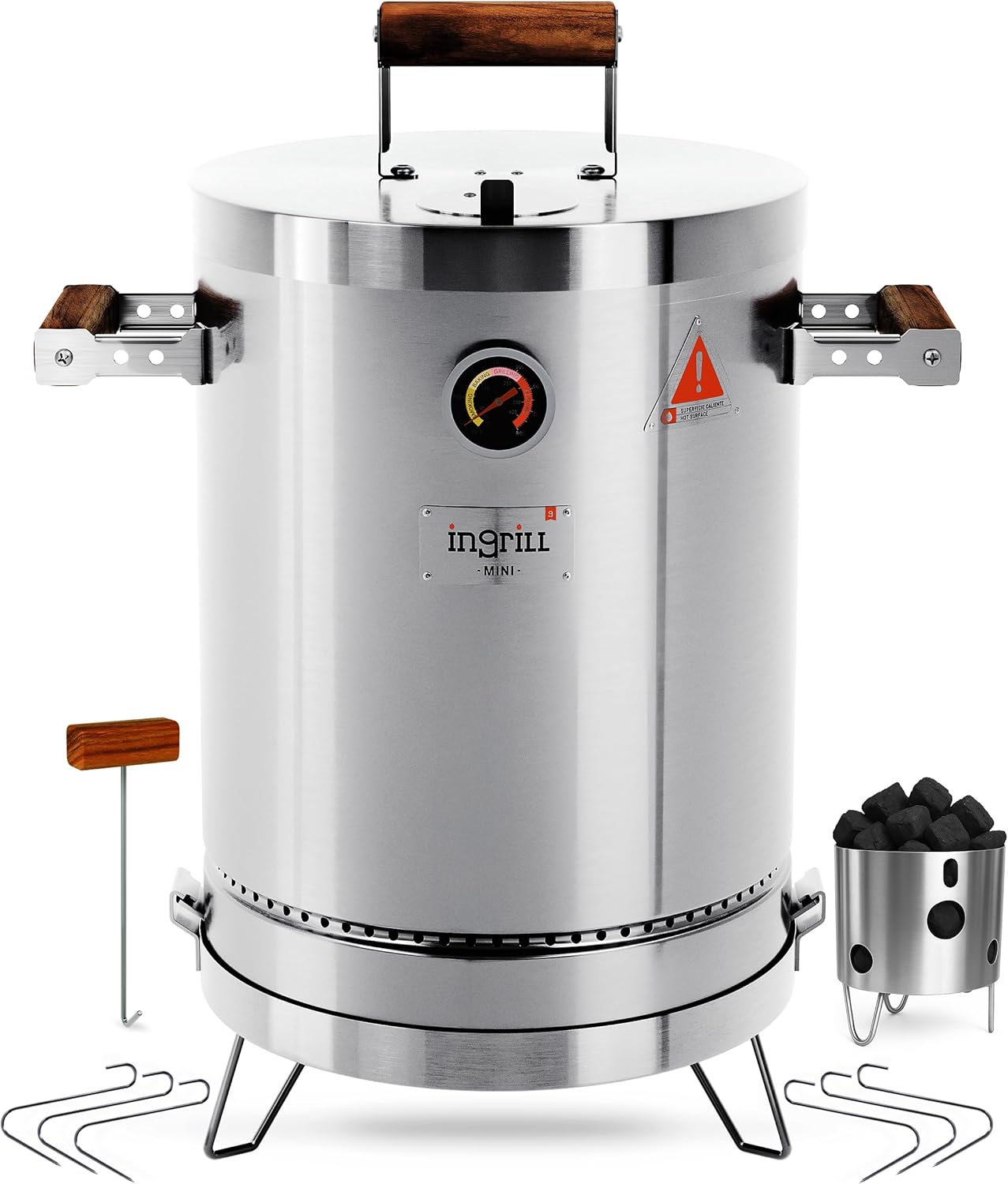 Charcoal Grills - Basic Mini 6 lbs - 3-in-1 Stainless Steel Ultra-Portable Smoker Grill for Outdoors, Camping and Home BBQ - Compact Vertical Smoker Barrel Grill with Thermometer & Accessories