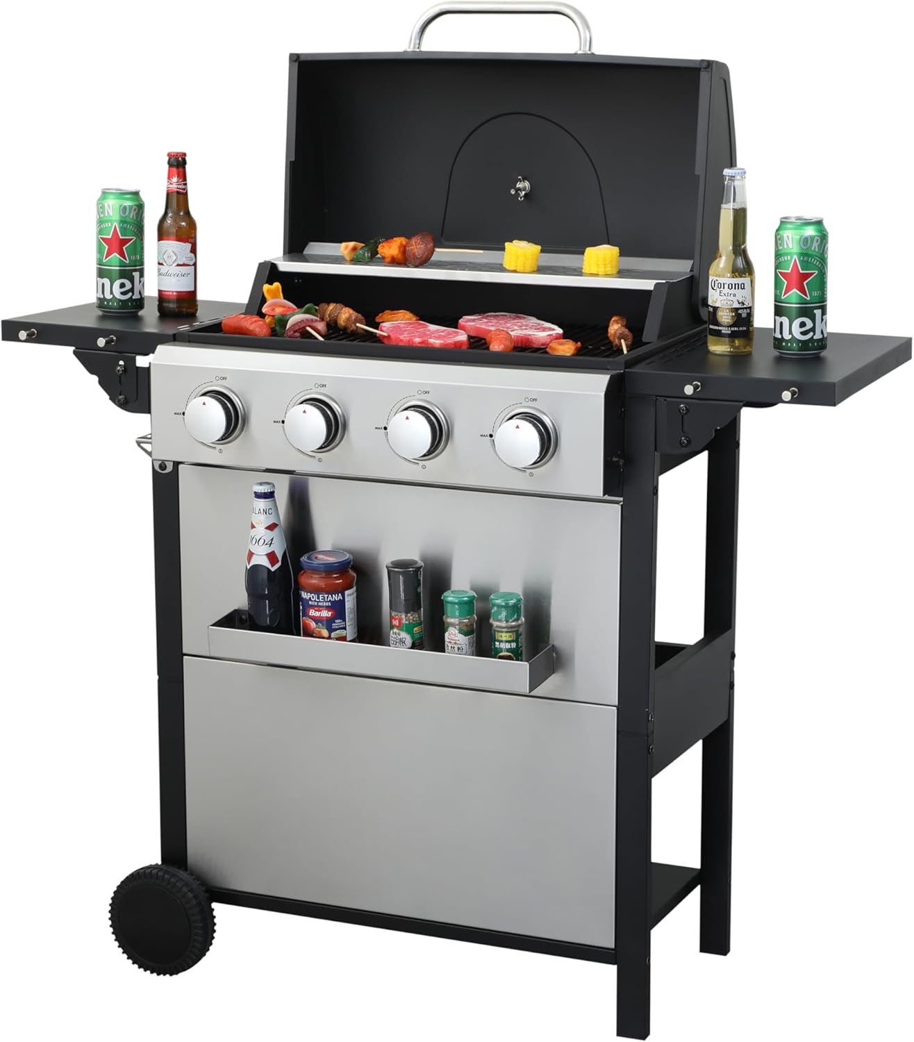 4 Burner Propane Gas BBQ Grill, Propane Grill with Side Shelves and Wheels 34200BTU Output Barbecue Cooking Grate with 4 Hooks for Kitchen Patio Backyard