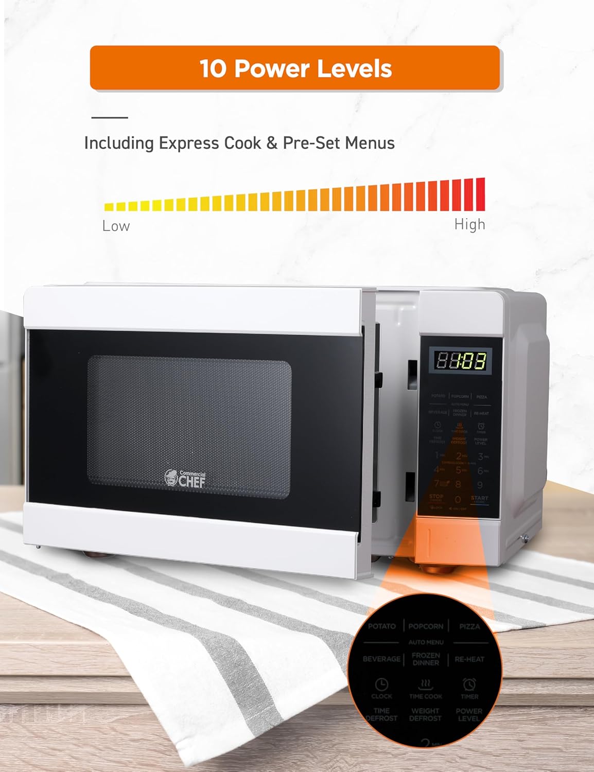 COMMERCIAL CHEF 0.9 Cu Ft Microwave with 10 Power Levels & 1.1 Cu Ft Microwave with 10 Power Levels