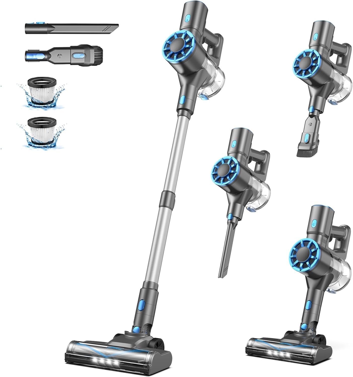 Vazone Cordless Stick Vacuum Cleaner with Self-Standing, 8-in-1 Vacuum Cleaners for Home, Lightweight Powerful Vacuum with LED Screen, Rechargeable Vacuum for Carpet, Pet Hair, Hardwood Floors (Gray)