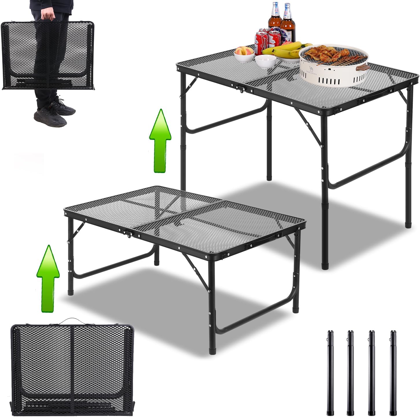 Large Folding Grill Table Portable for Outside Camping 3×2 ft, Oversized Foldable Table 27 Inch Height Adjustable Outdoor for BBQ Barbecue Picnic Lightweight Aluminum Alloy Multipurpose (Mesh Desktop)