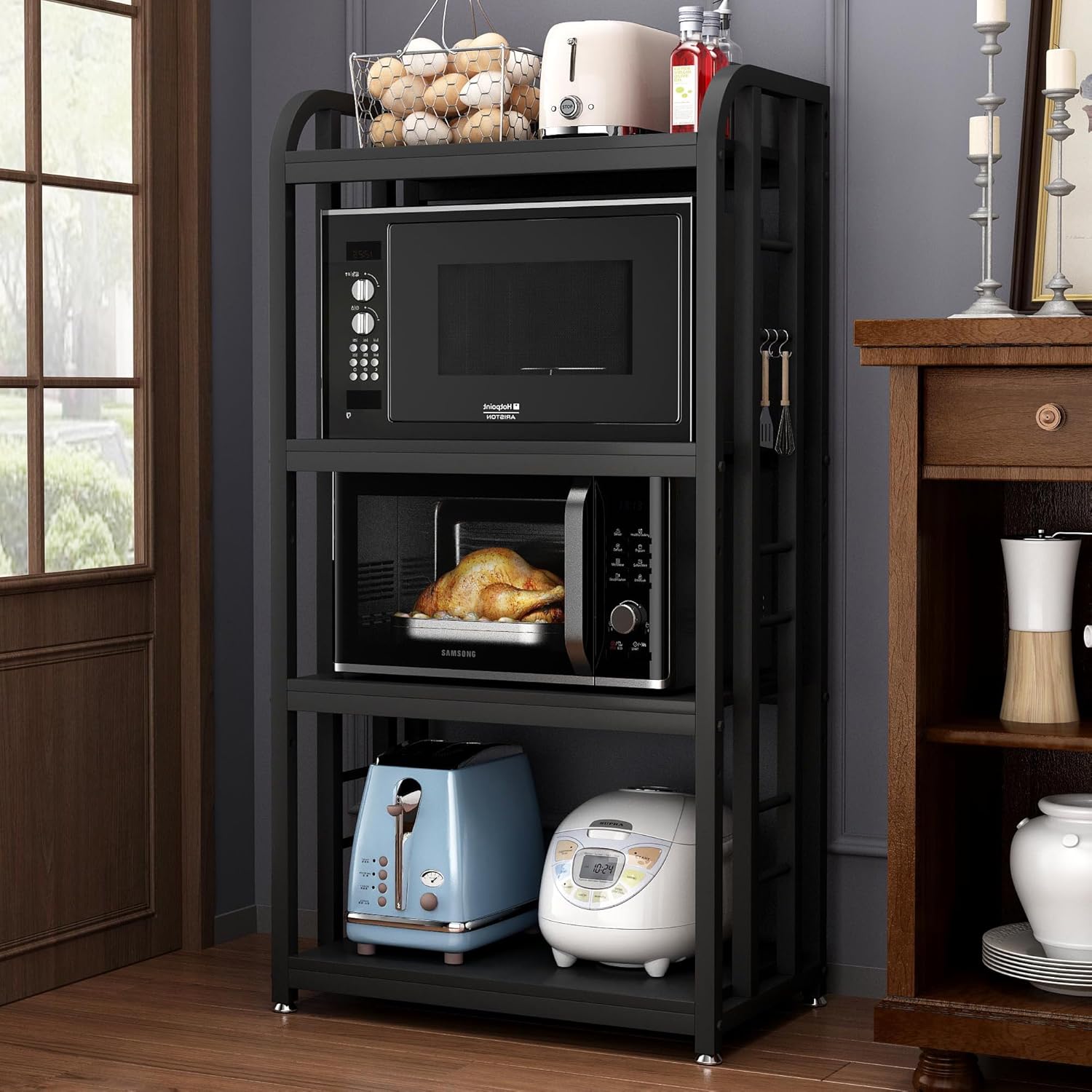 4-Tier Kitchen Baker's Rack, Free Standing Microwave Oven Stand Utility Storage Shelf Island Coffee Bar for Living Room, Home Office (Black)
