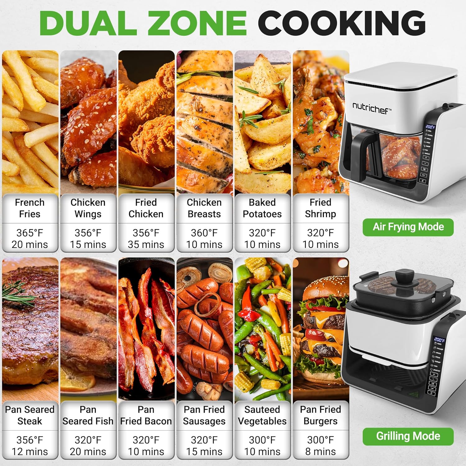 NutriChef 4 QT Air Fryer & Grill | 8-1 Preset Cook Modes | Transparent Fry Bowl for Best Cooking Results | Cook Shrimp, Steak, Fries, Wings & More | 4 QT Glass Air Fryer & 1.2 QT Grill | White