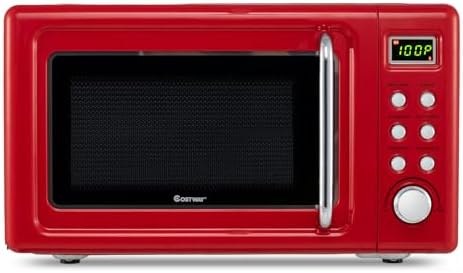 COSTWAY Microwave Countertop, 0.7Cu.ft Microwave Ovens with 5 Micro Power, Delayed Start Function Glass Turntable & Viewing Window, LED Display, Child Lock, Mini Microwave for Small Place (Crimson)
