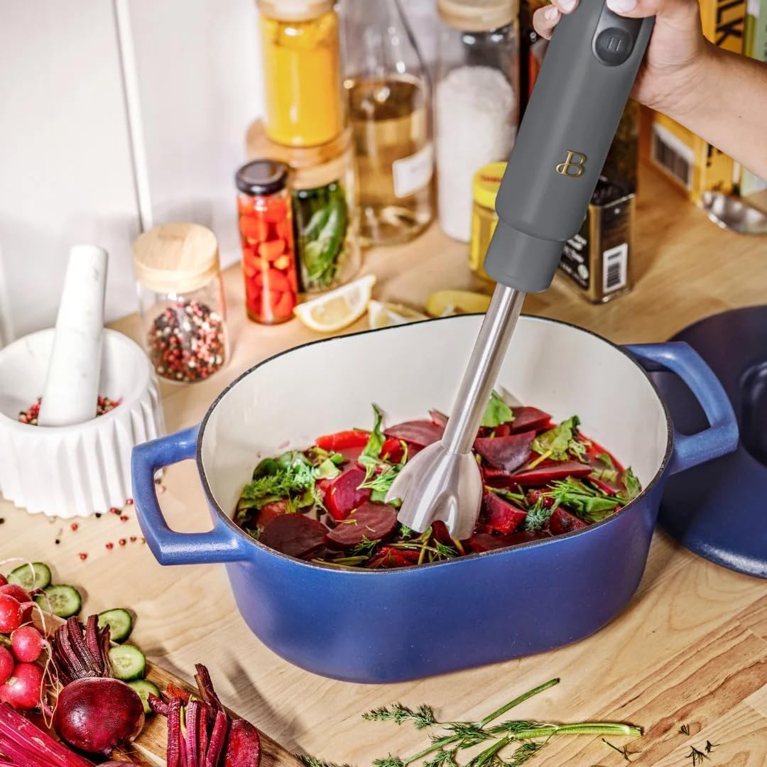 Beautiful 2-Speed Immersion Blender with Chopper & Measuring Cup, Stainless Steel Shaft, Quiet 250W Motor, Cornflower Blue Finish, Dishwasher Safe, Includes Whisk & 24 oz Beaker (Oyster Gray)