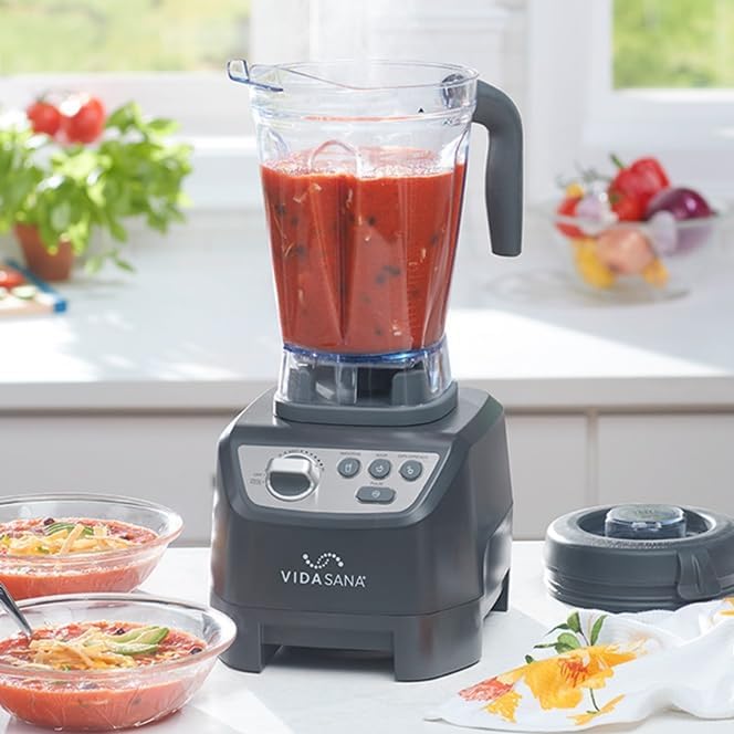 Princess House Vida Sana Blender for Smoothies, Soups, Dips and More, 1500 Watts, Stainless Steel Blade, 4 Preset Functions, Large, Grey, Professional Blender, Easy Clean
