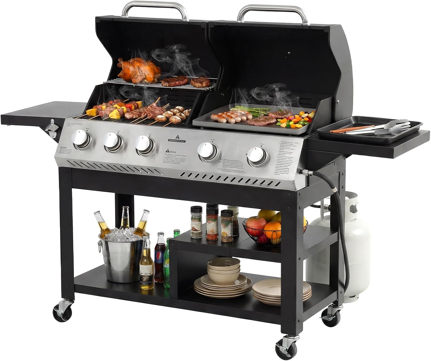 Propane Gas Grill and flat Grill Combo with Porcelain-Enameled Cast Iron Grate, Outdoor 5 Burner Barbeque 54,000 BTU Patio Garden Barbecue with Stainless Steel Hooks