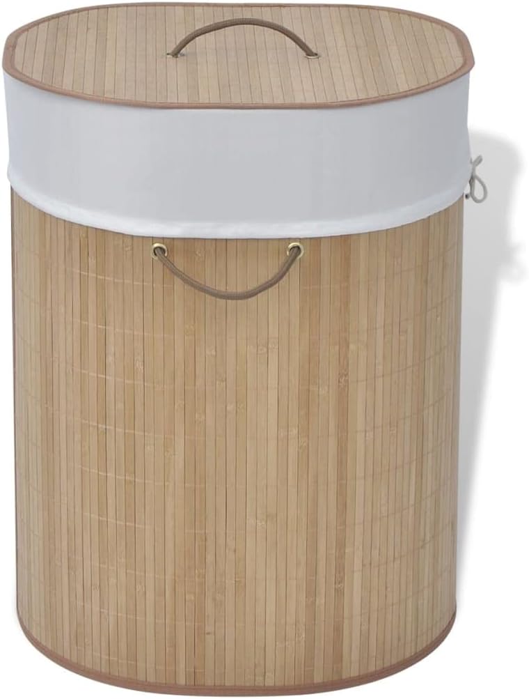 Bamboo Laundry Bin Oval Natural with Removable Liner and Foldable Design, 1 Piece Woven Polyester Fabric Hamper for Home Organization and Storage