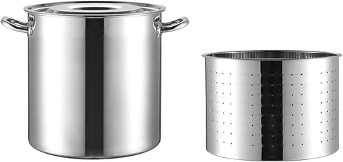 Big Volume Stainless Steel Stockpot W/Basket - Turkey Deep Fryer Pot Boiling Seafood Crawfish Steamer with Lid and Welded Handles/SIL,Siliver-30L/27Qt (Siliver 70L/63Qt)
