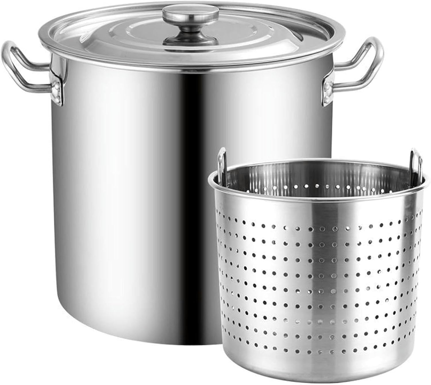 Stainless Steel Stock Pot with Strainer Basket, Commercial Boil Pot Crawfish Boiler Pot Turkey Fryer Pot for Backyard Parties and Tailgating,35L（20L）