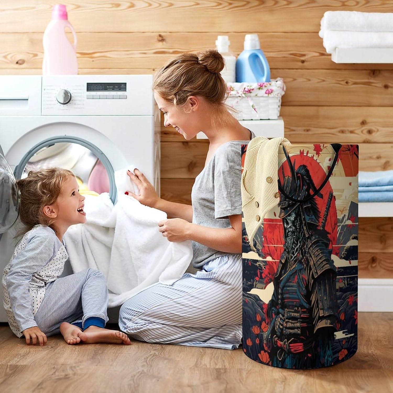 Gothic Japan Samurai Laundry Hamper Dirty Clothes,Abstract Japanese Cherry Blossom Skull Anime Samurai Maple Leaf Mount Large Laundry Basket Storage Basket For Bathroom 15.7W