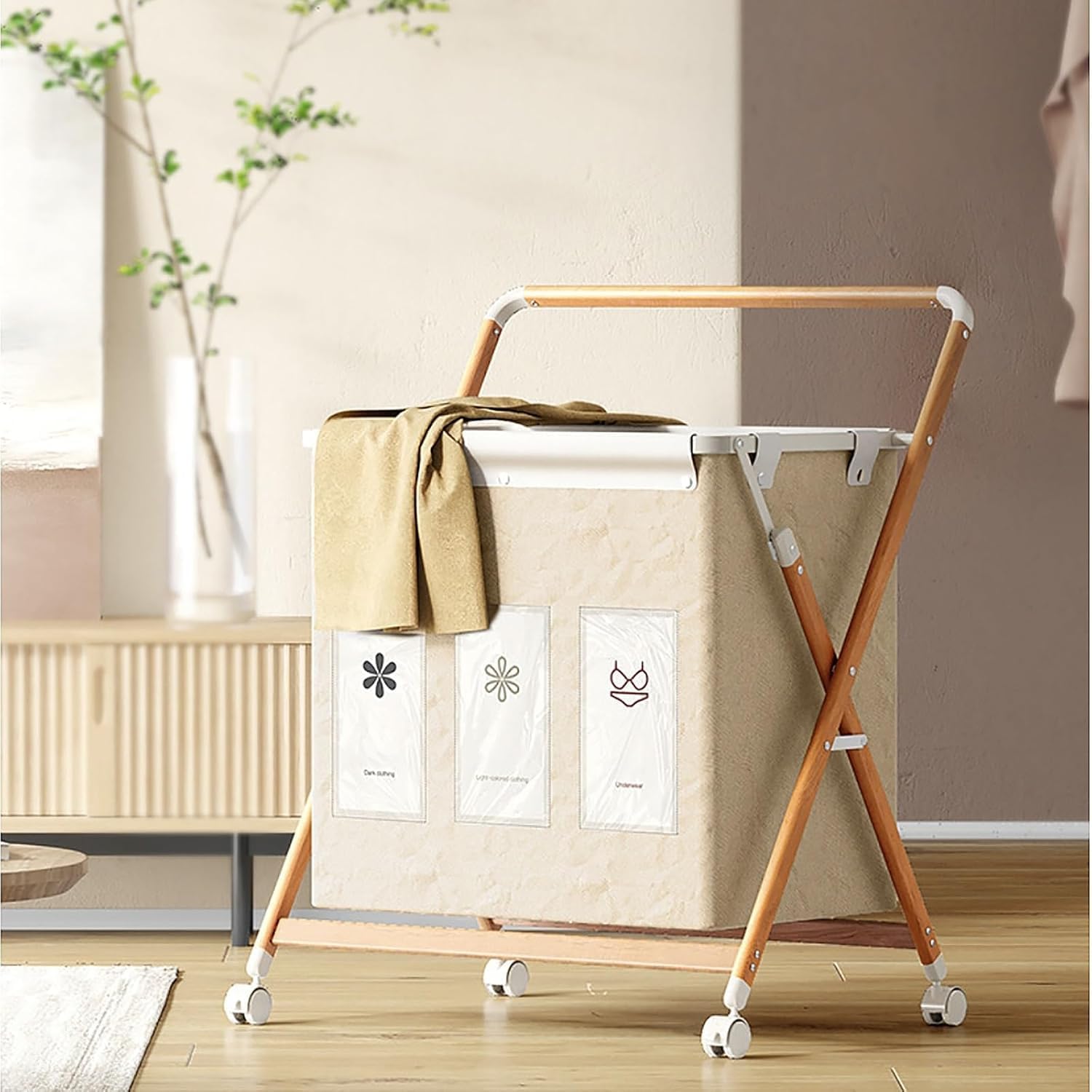 Foldable 3-Section Laundry Hamper with Wheels, Removable Machine Washable Bags, Triangular Frame Laundry Sorter(Beige)