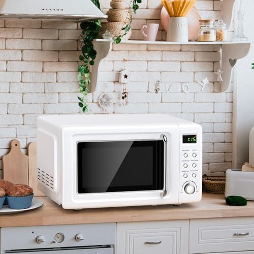 Retro Countertop Microwave Oven, Large 0.7Cu.ft, 700-Watt, Cold Rolled Steel Countertop with Time Setting, Glass Turntable Plate, Pre-Programmed Cooking Settings, LED Display, Child Lock (White)