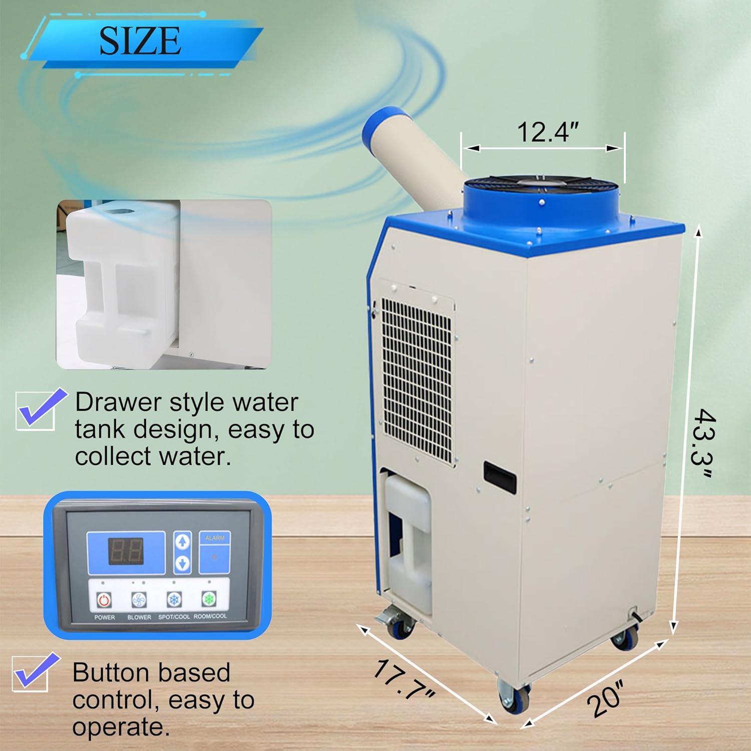 Industrial Portable Air Conditioner with Wheels 14L Large Tank Commercial Spot Cooler Adjustable Air Outlet Ideal for Hospitals Workshops Outdoor Events 220V 1.4KW