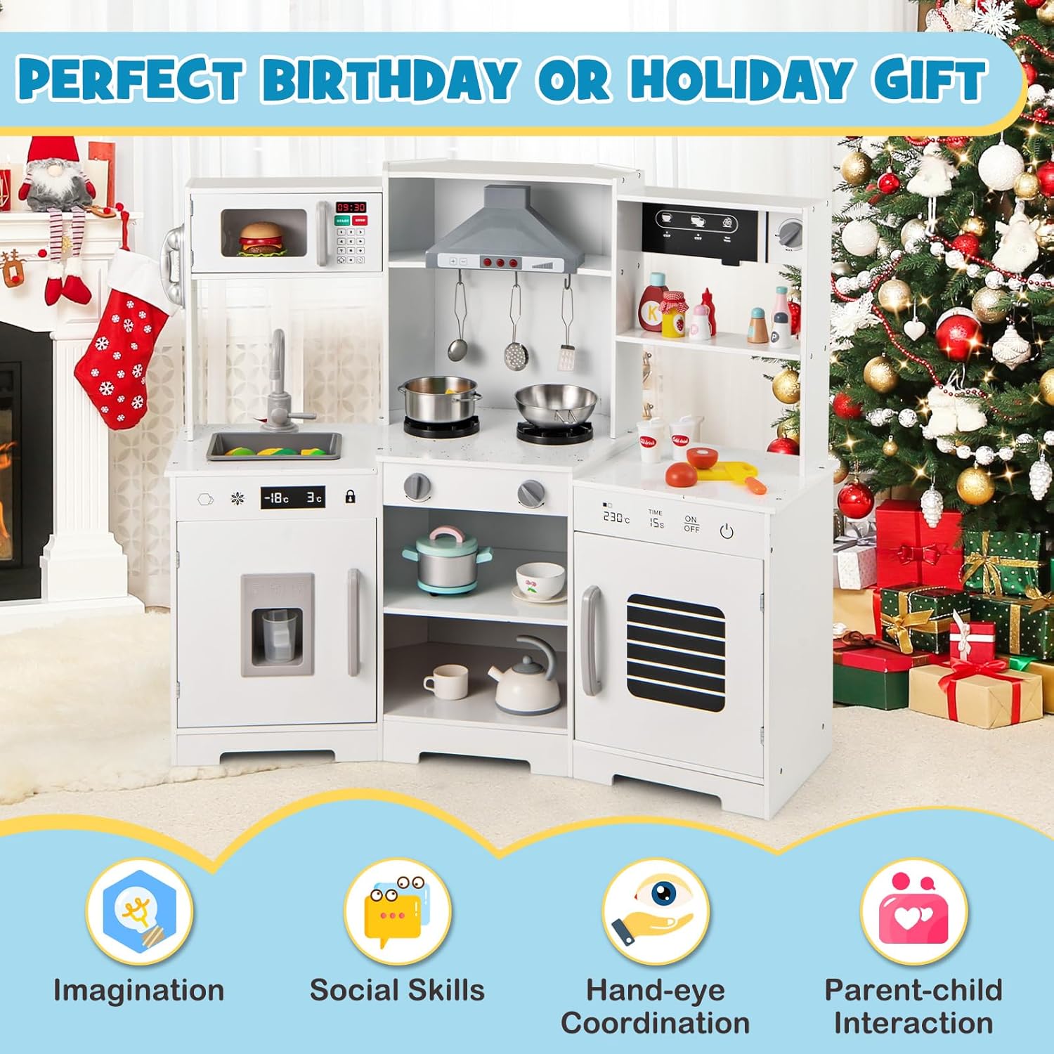 Costzon Corner Kids Kitchen Playset, Wooden Toy Kitchen Set w/Lights & Sounds Range Hood, Ice Maker, Pretend Telephone, Sink, Faucet, Microwave, Oven, Play Kitchen for Kids 3+ (White)