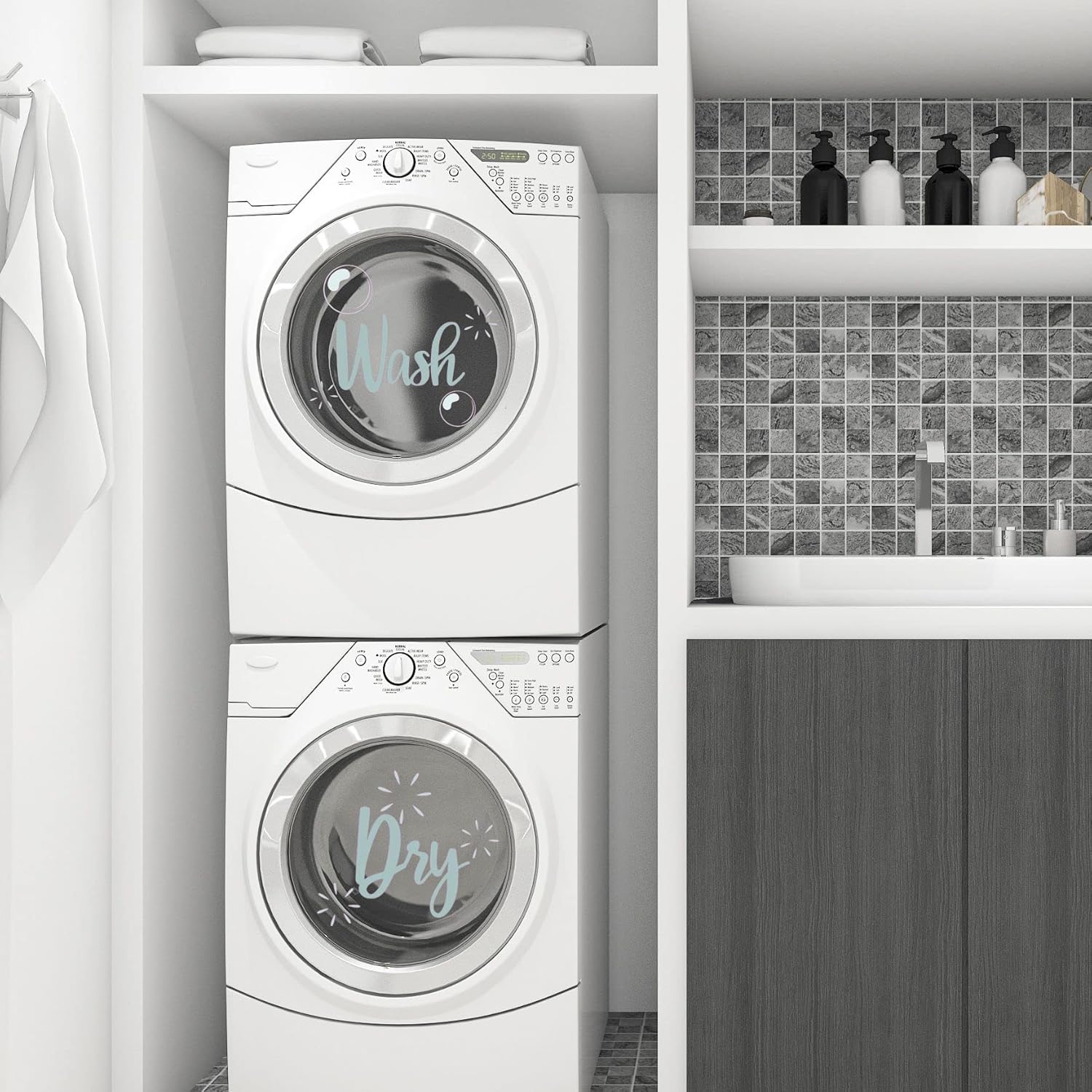 Wall Decal: Wash and Dry Stickers for Laundry Machines Vinyl - Washer and Dryer Combo with Bubble and Popped Designs for Laundry Room - 20