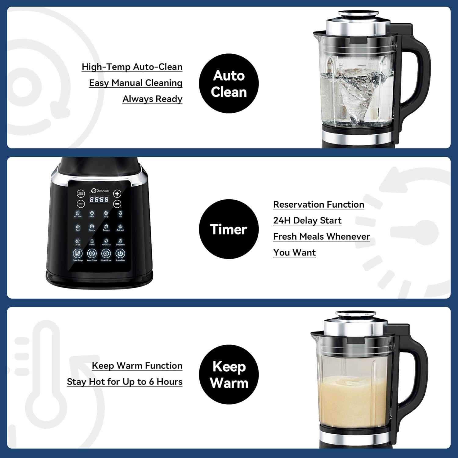 Blenders for Kitchen with Tamper 1500W Adjustable 26000-60000RPM High Speed Food Processors Stainle, Black Glass jar blender with Keep Warm, 14 Preset Functions & Auto Clean for Smoothies, Soups More