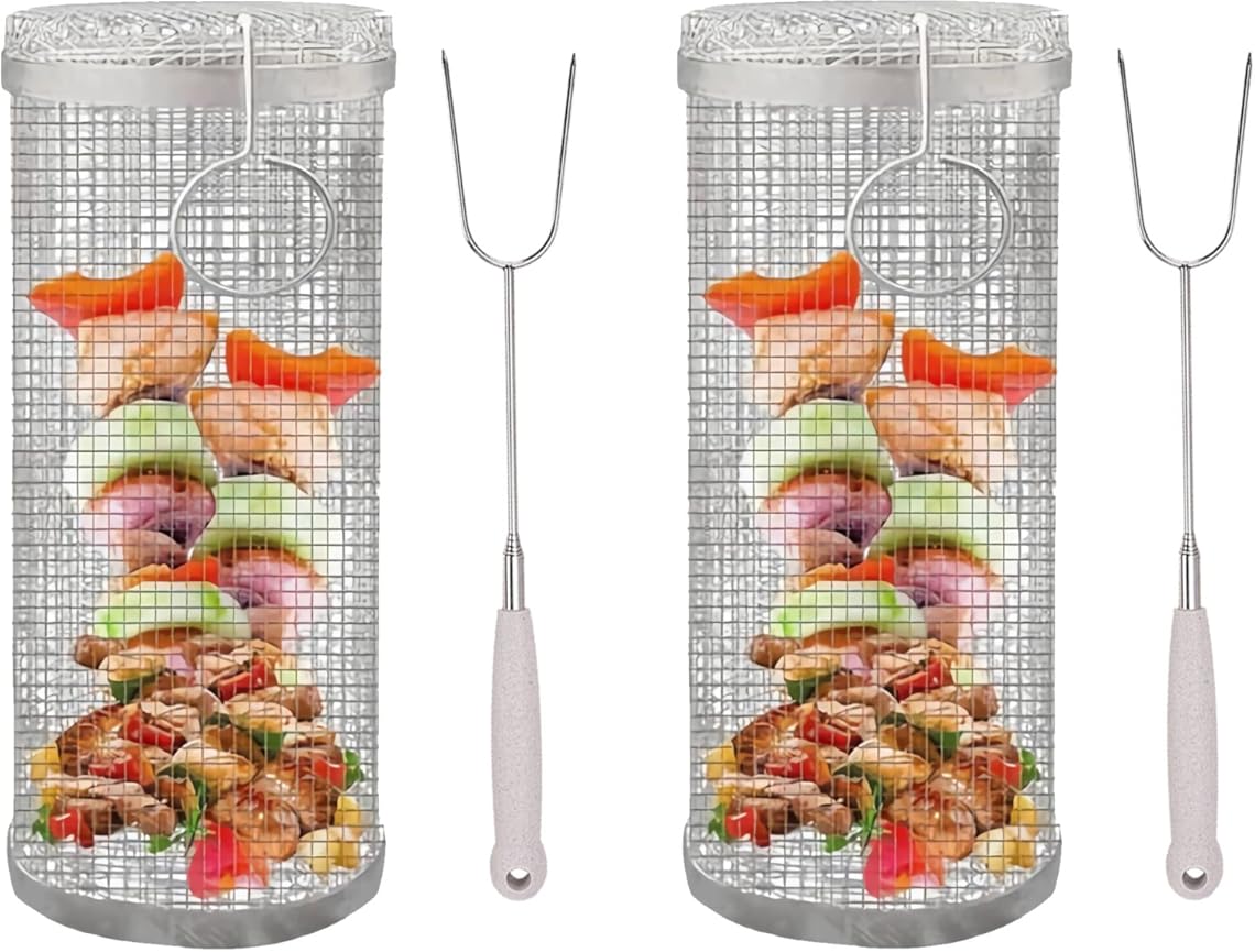 Round Grilling Cooking Accessories,Stainless Steel Wire Mesh Cylinder Grill Basket,Outdoor BBQ Grill Mesh Portable Outdoor Camping Barbecue Rack
