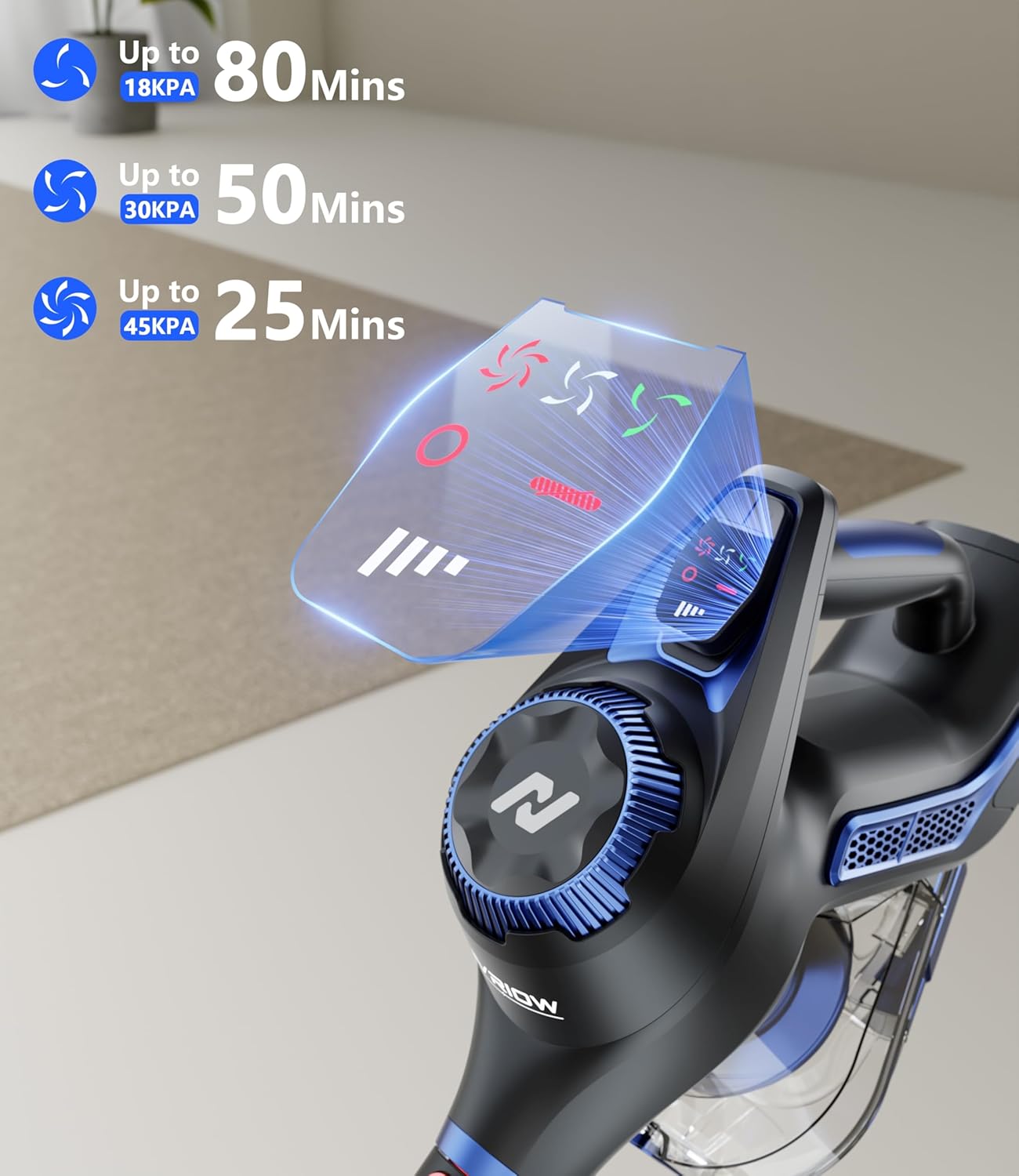 Cordless Vacuum Cleaner for Home, 45Kpa Stick Vacuum, Max 80mins Runtime, 1.5L Dust Cup, Rechargeable Lightweight Handheld Vacuum for Carpet/Hardwood Floor/Pet Hair/Car (Navy Blue)