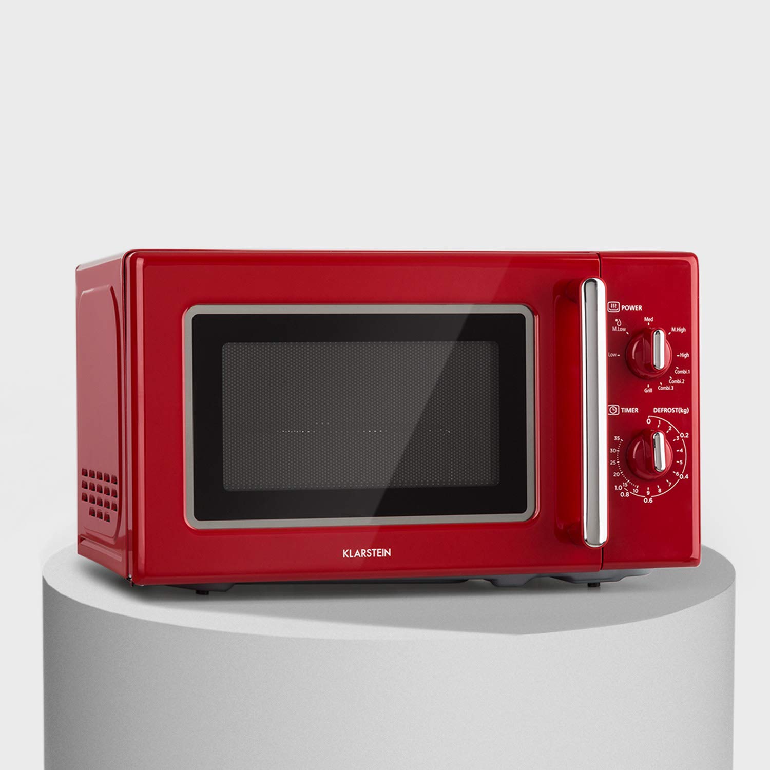 Klarstein Caroline - Freestanding Microwave Oven, 20L, 700/1000 W, Ø25.6 cm, 5 Power Levels, 3 Combined Functions, Stainless Steel Interior and Case, Retro Look, Red