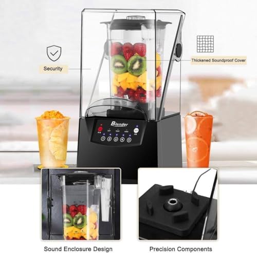 Super Quiet Commercial Blender with Soundproof Enclosure, Heavy Duty Ice Crushing Machine, Self-Cleaning 4D Blades, Perfect for Smoothies, Soups & Frozen Drinks - 2 Crushed Cups Included