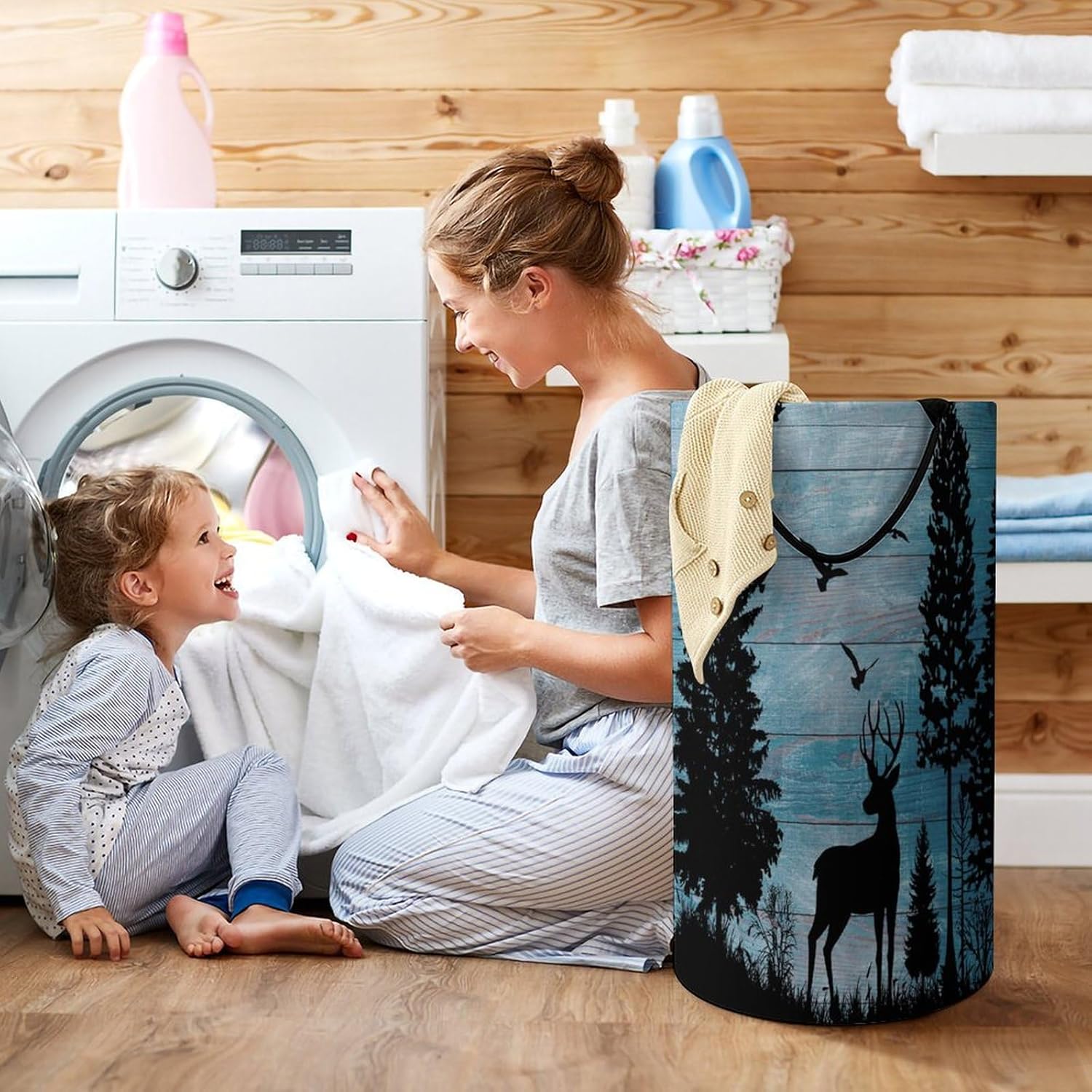 Rustic Forest Wood Board Deer Laundry Hamper Dirty Clothes,Abstract Hunting Theme Jungle Wildlife Silhouette Deer Bird Large Laundry Basket Storage Basket For Bathroom 15.7W