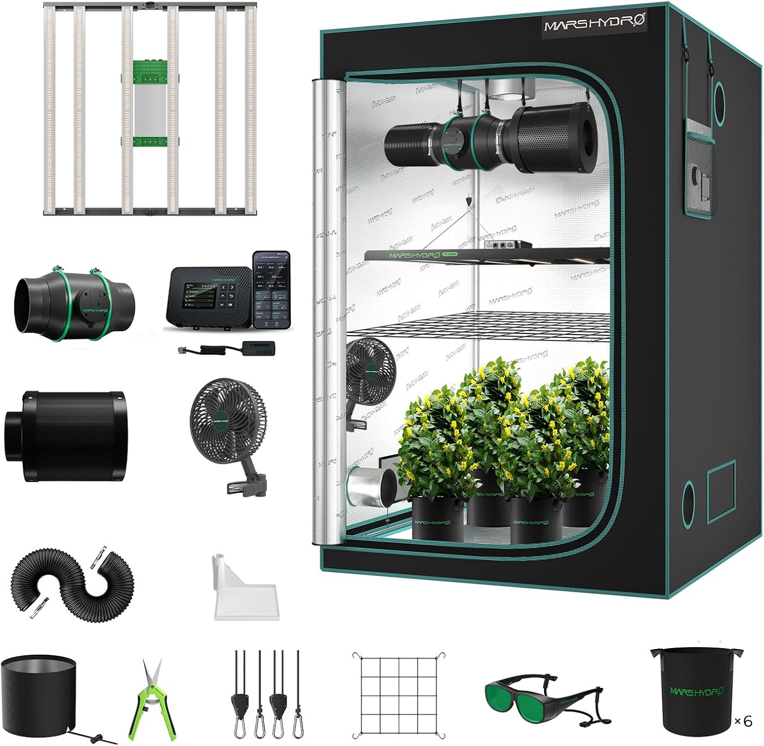 Mars Hydro 4x4 Smart Grow Tent Kit Complete System with Smart Controller 43,480W FC-E4800 Dimmable Light 2646Pcs LED,48