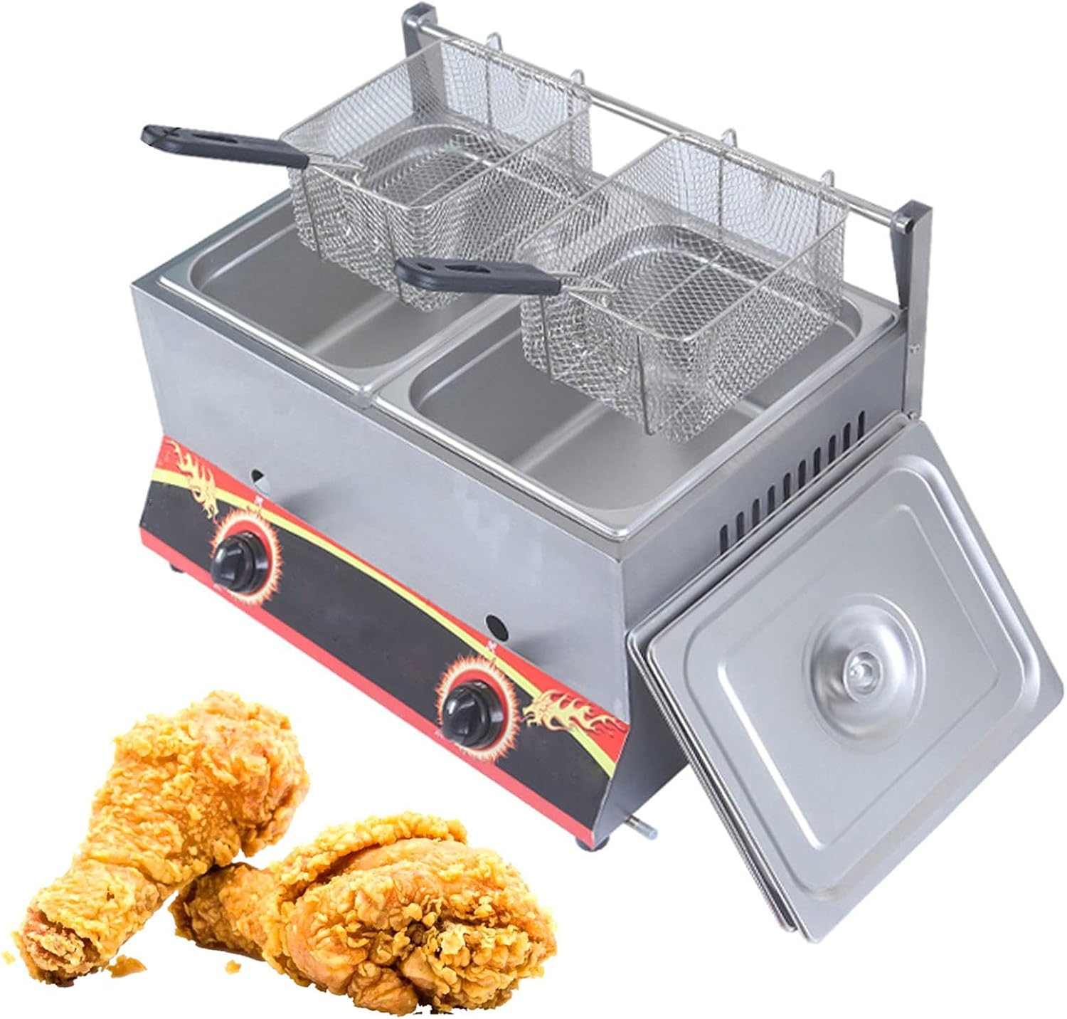 Compact Gas Fryer Stainless Steel LPG/Gas Fryer 11L/22L Large Capacity Professional Commercial Gas Fryer with Detachable Baskets and Lid Adjustable Firepower