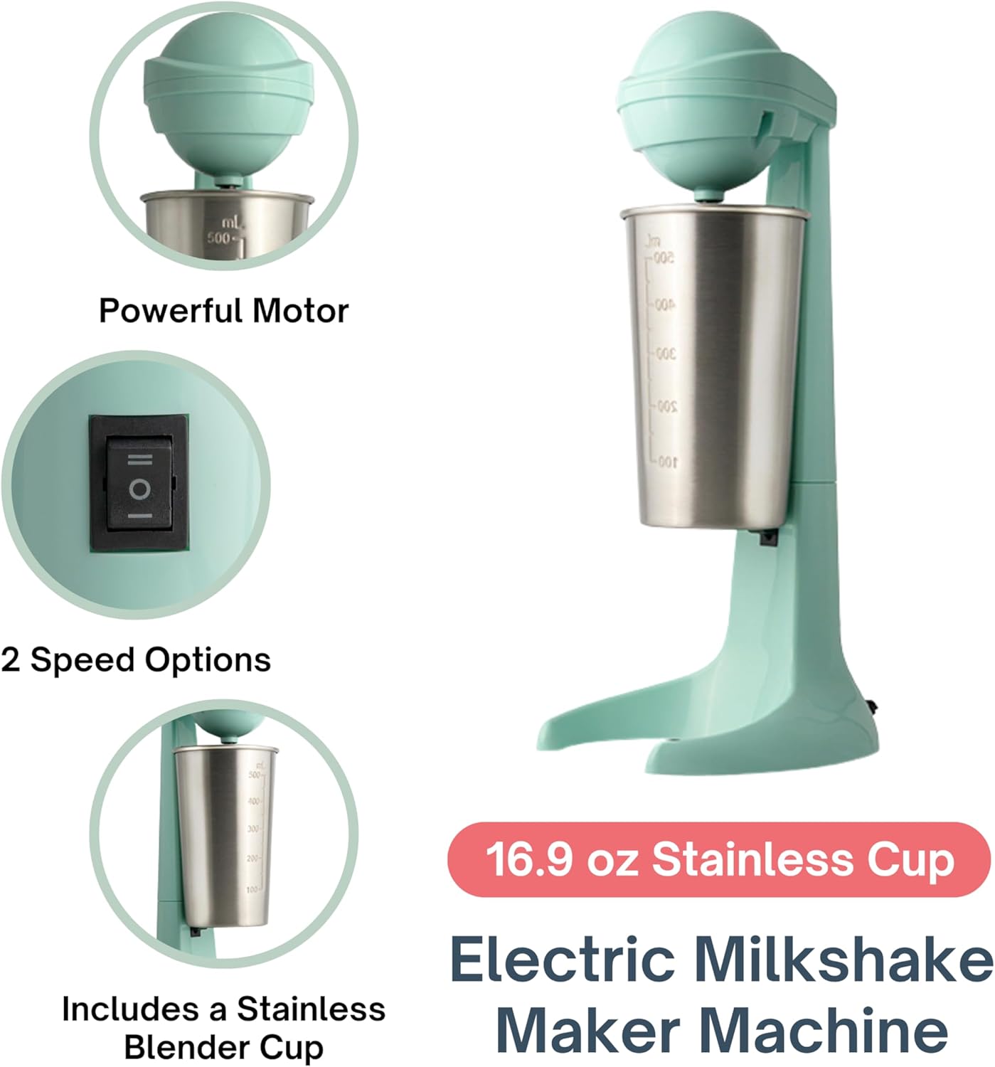 Electric Milkshake Blender & Frother Restaurant Quality Smoothie Maker Easy Clean Drink Blender with 16.9 oz. Stainless Steel Cup