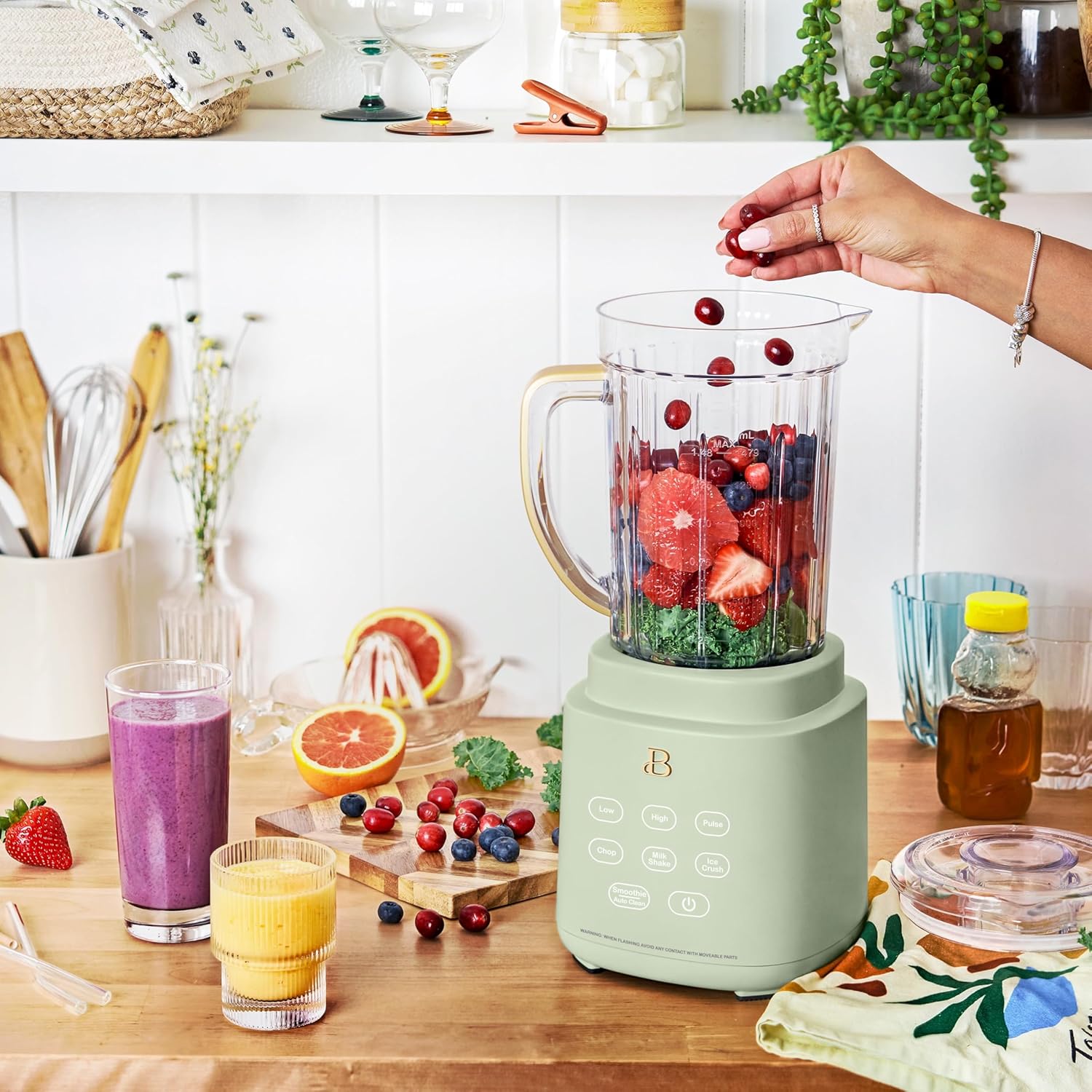 Beautiful PowerExact Blender System with 700W Motor, 50oz Tritan Jar, 20oz Single-Serve Cup, No Drippy Sippy Lid, 3 Speeds & 4 Pre-sets by Drew Barrymore (Sage Green)