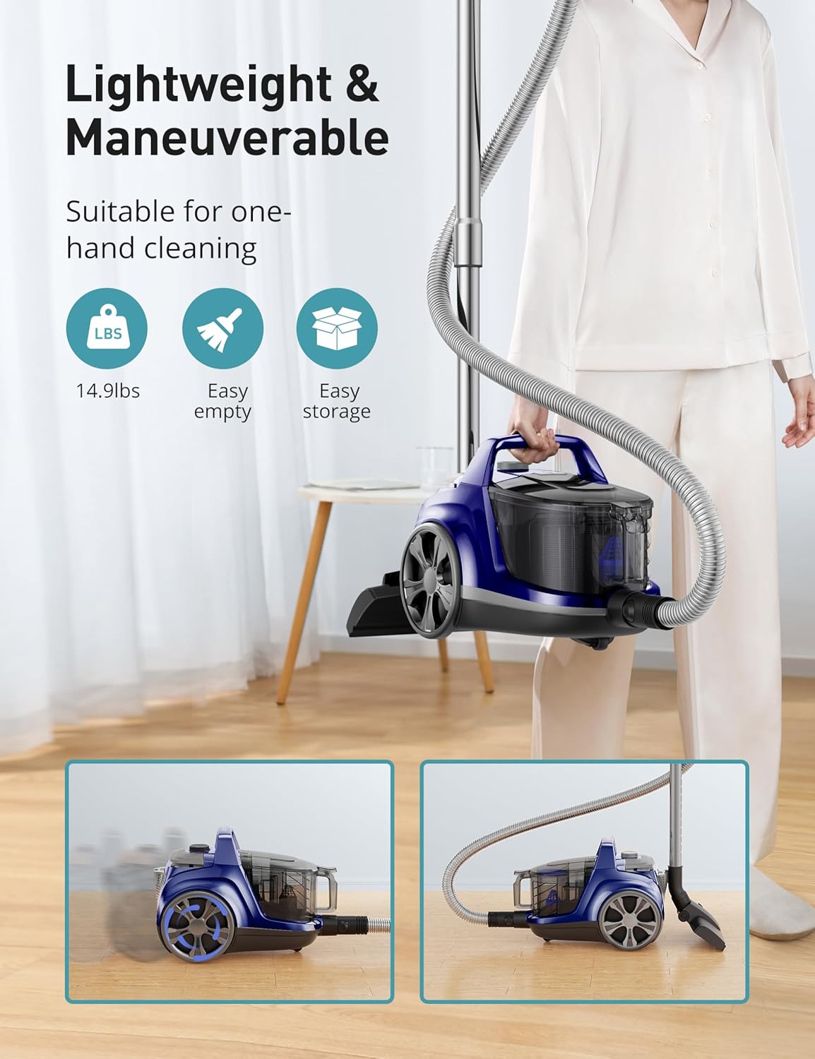 Aspiron Canister Vacuum, Upgraded 1600W Bagless Canister Vacuum Cleaner, Auto Cord Rewind, H13 HEPA Filter, 3.7Qt Large Capacity, 5 Tools for Hard Floors, Carpet, Pet, Upholstery, Tiles, Car, Navy