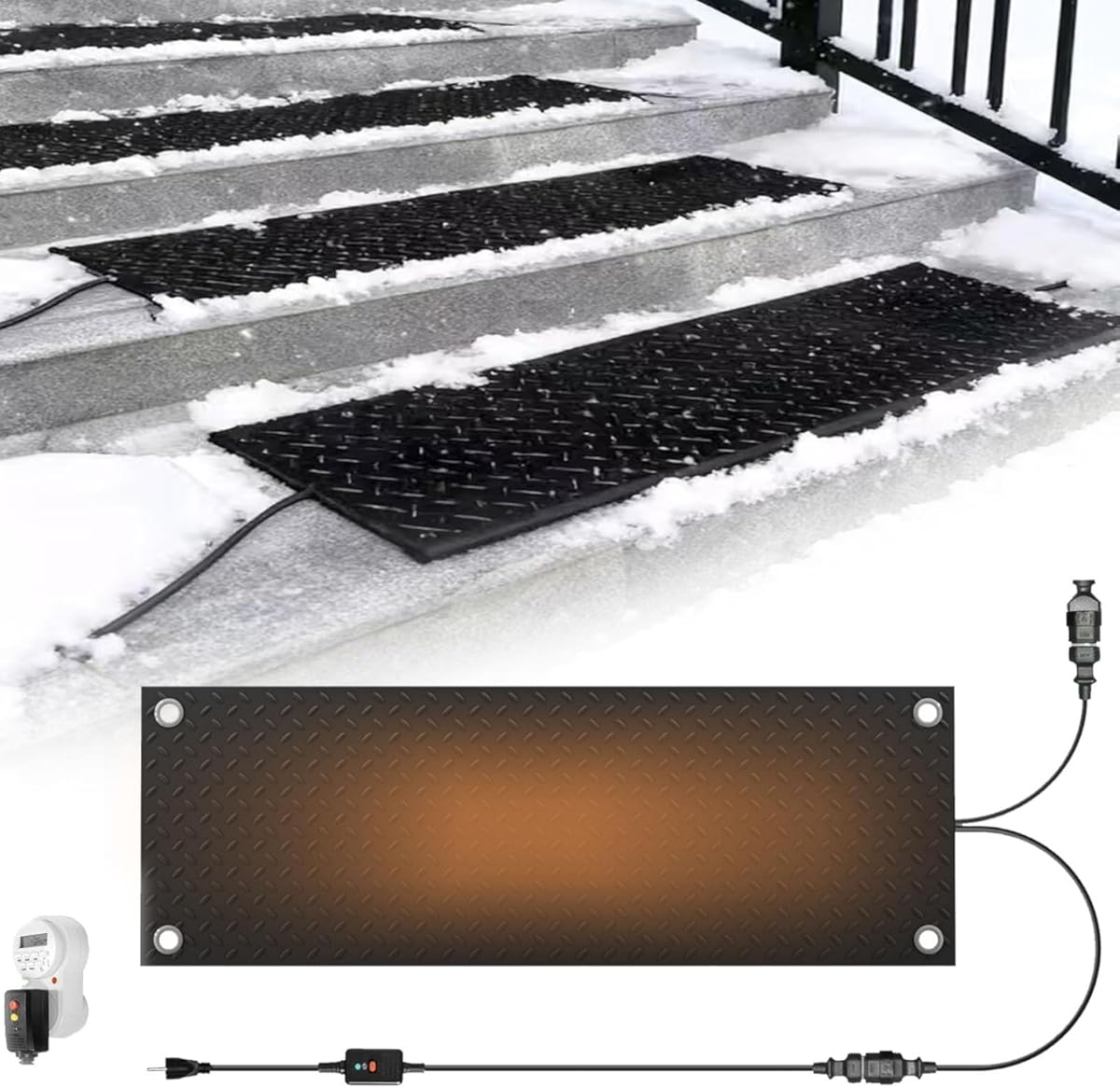 Non Slip Heated Snow Melting Rubber Mats with Timer, 1/2/3/4/5 Pcs Outdoor Electric Ice Heated Pad for Walkway Decks Driveway Stairs with 6.5ft Power Cord, Snow Melt Mat for Winter(5 Pcs,30x72in)