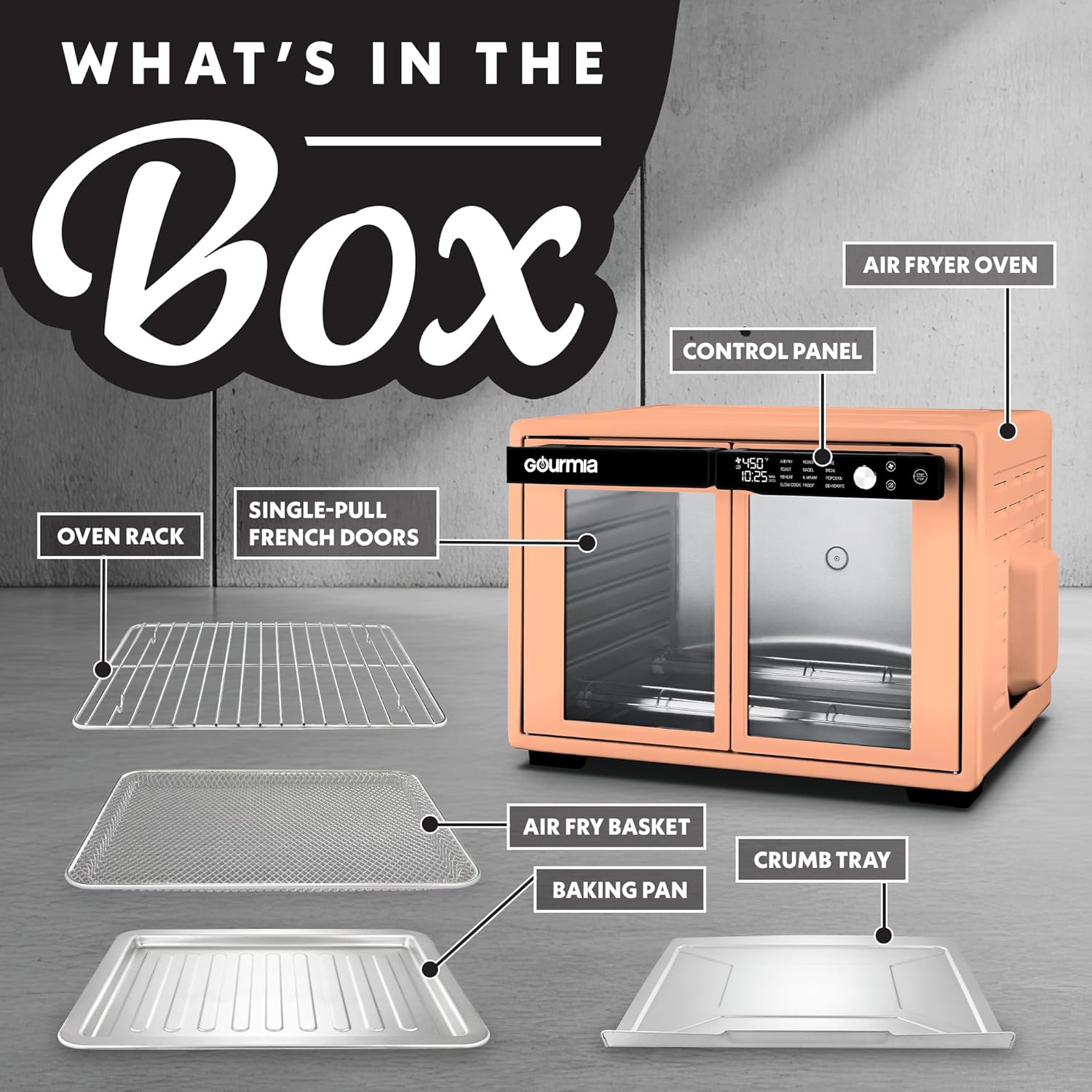 Gourmia French Door Air Fryer Oven - 37 Qt Large Capacity Convection Toaster Oven, FryForce 360°, Digital Display, 12 Cooking Presets, Dehydrate, Fits 13” Pizza, Dishwasher-Safe, Peach