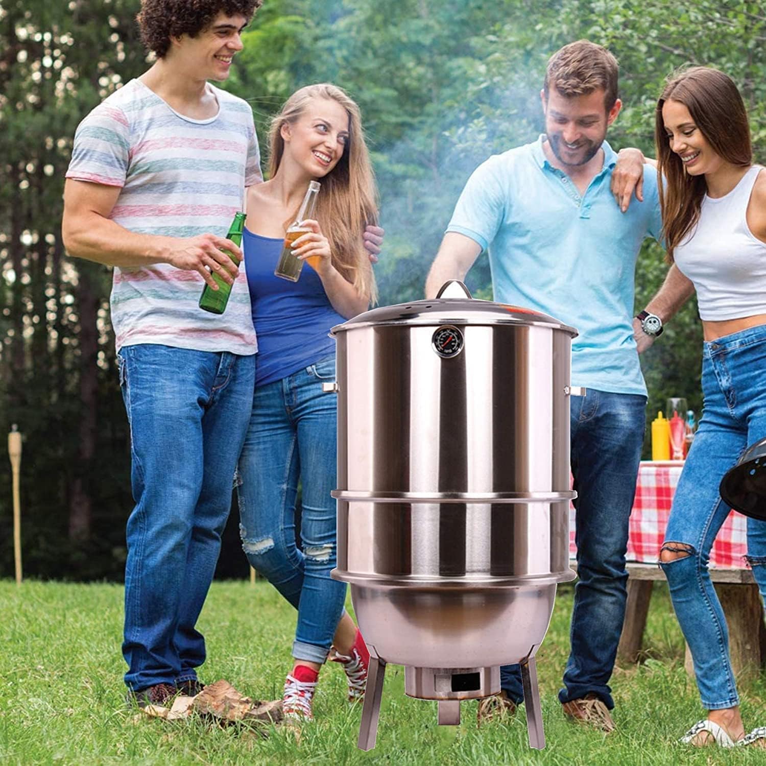 Safety Certification Luxury Barbecues BBQ Grills Stainless Steel Charcoal Barbecues Grills w/Barbecues Grid Portable Outdoor Smoker BBQ for Picnic Garden Terrace Camping Travel
