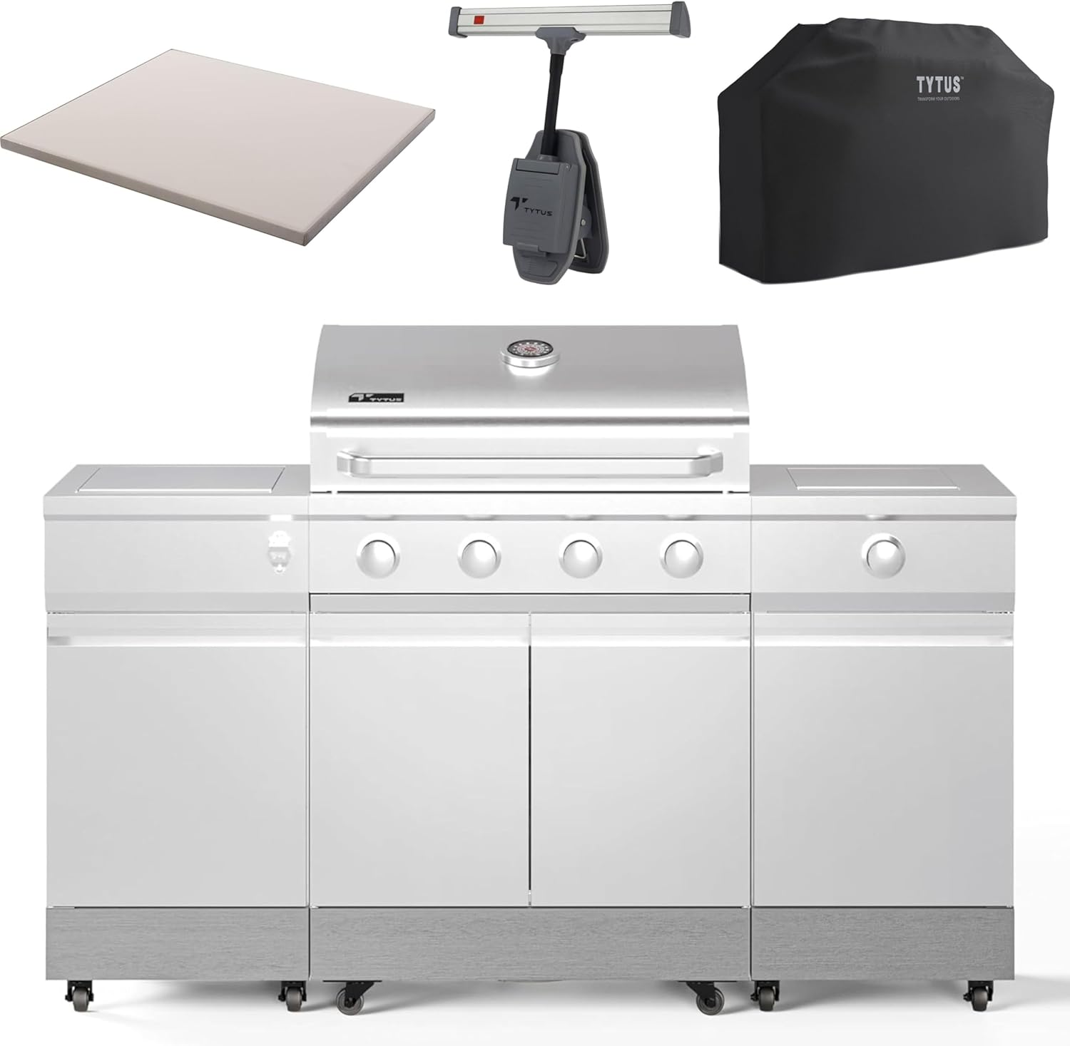 Tytus Fresno 5 Burner Propane or Natural Gas Island Grill with Cover, Pizza Stone & LED Light - 864 sq. in. Cooking Area, 48,000 BTU Grill, 12,000 BTU Side Burner - Stainless Steel & Carbon Wood