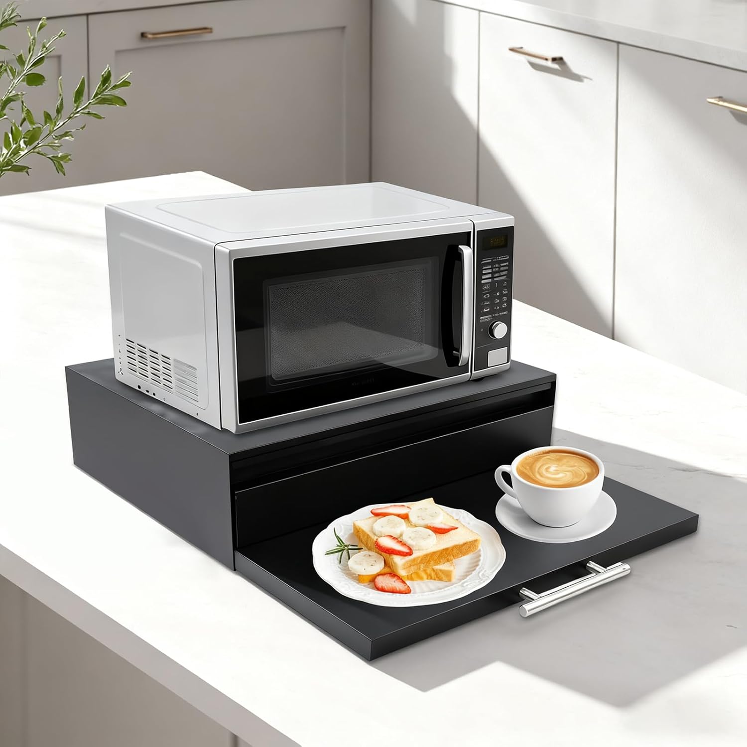 Countertop Drawer | Microwave Stand with Pull-Out Shelf & Drawer | Rust-Resistant Carbon Steel | Modern White Design | Easy Assembly | Fits Small Appliances & Kitchen Essentials (Black)