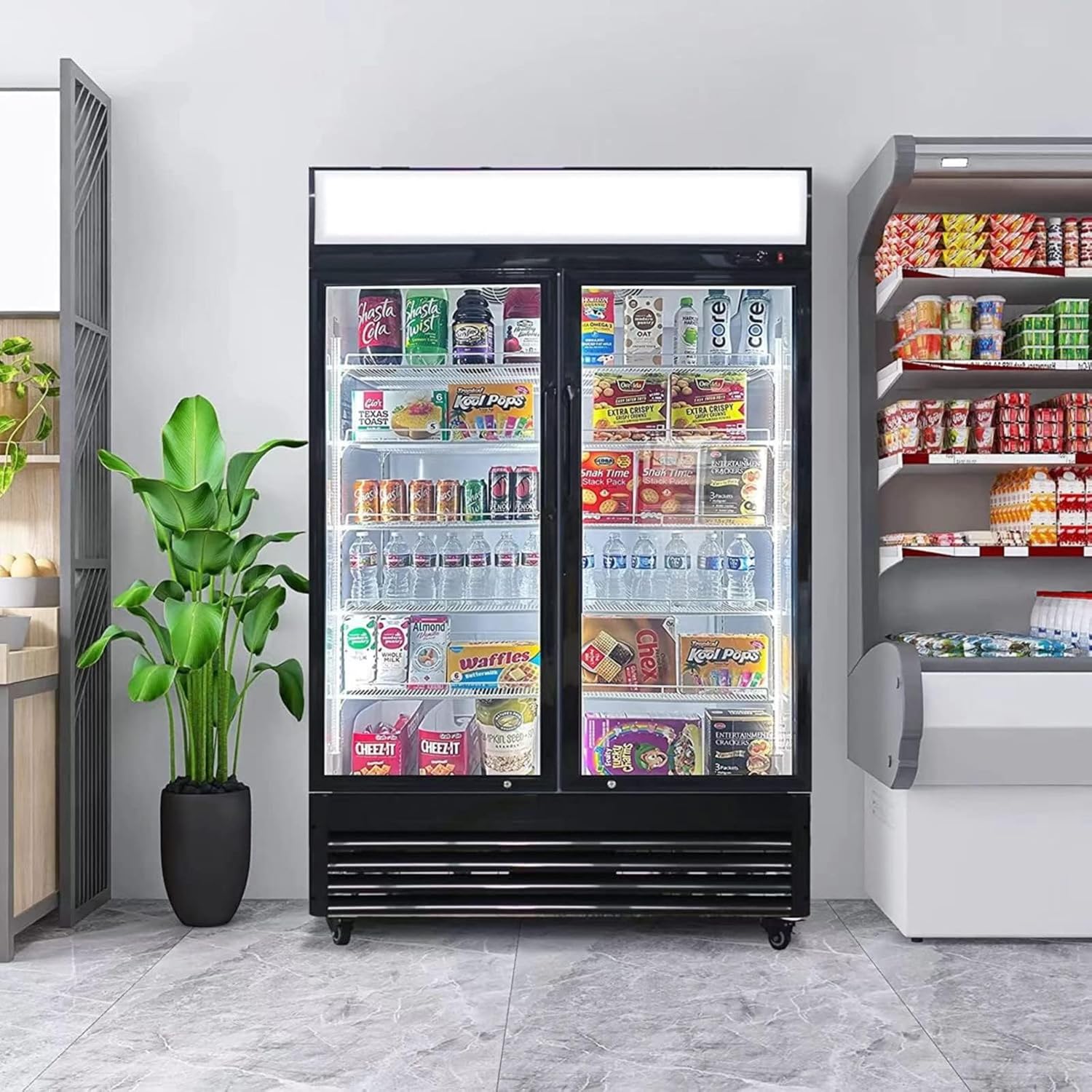 Merchandiser Refrigerator with 2 Glass Doors, 31 cu ft Beverage Display Cooler, Upright Fridge with LED Lighting, Adjustable Shelves for Beverages, Beer and Drinks, Swing Door, Black