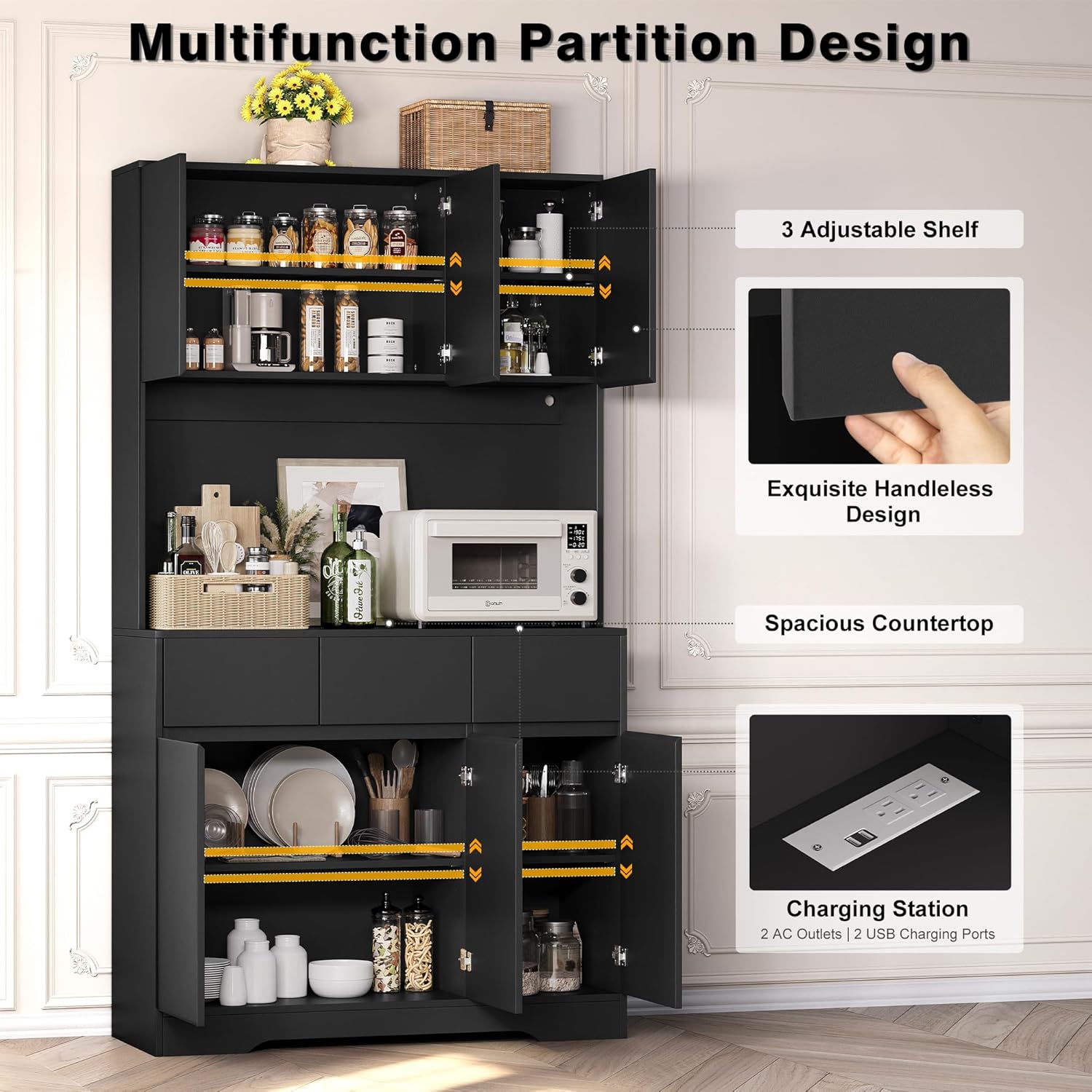 71'' Pantry Cabinet with LED Light & Charging Station, Tall Freestanding Kitchen Storage Cabinet with Microwave Stand, Modern Hutch with Drawers & Open Countertop for Dining Room, Living Room, Black