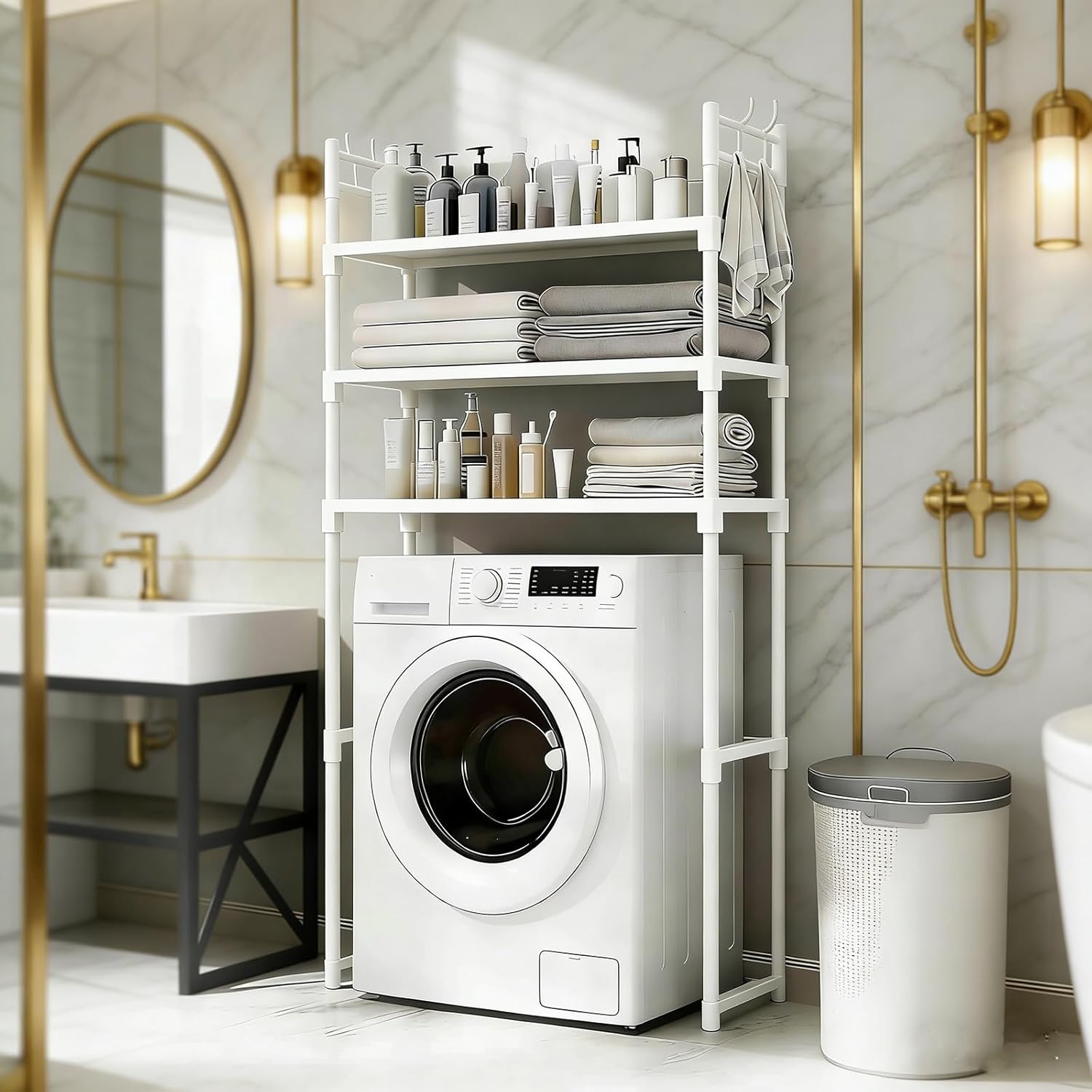 Over Washer and Dryer Shelf – Dual-Appliance Laundry Room Organizer for Supplies & Linens(White)