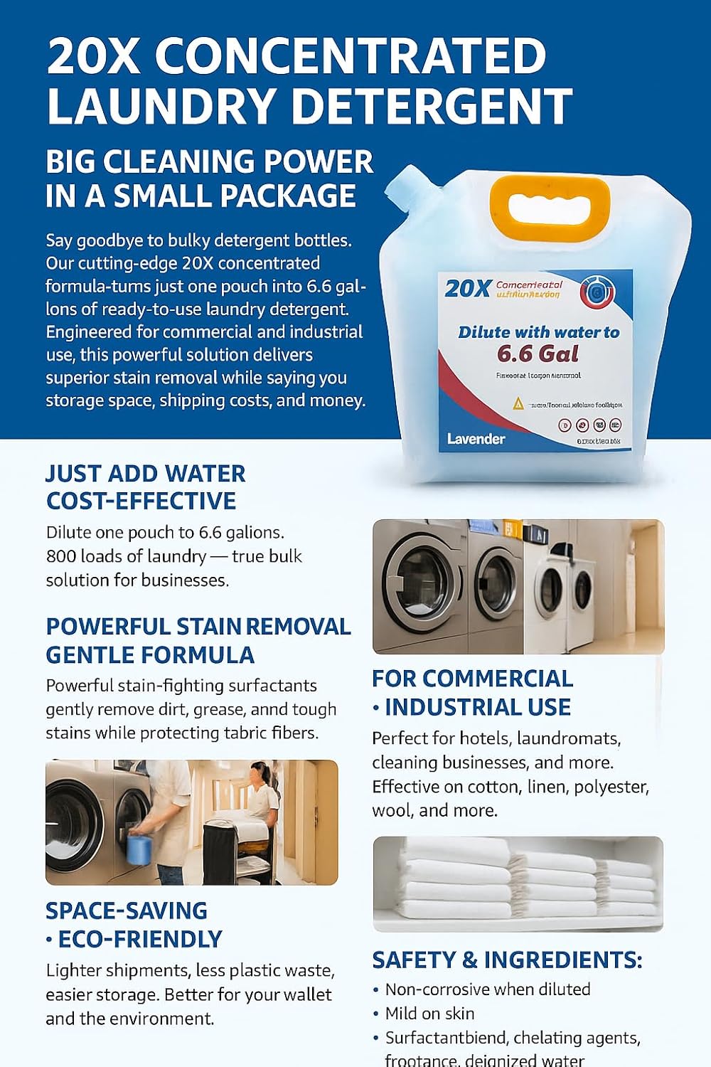 Commercial Bulk Laundry Detergent Refill, 20X Concentrated, Makes 6.6 Gallons (800 Loads) – Heavy-Duty Stain Removal, HE Compatible, Lowest Cost per Load