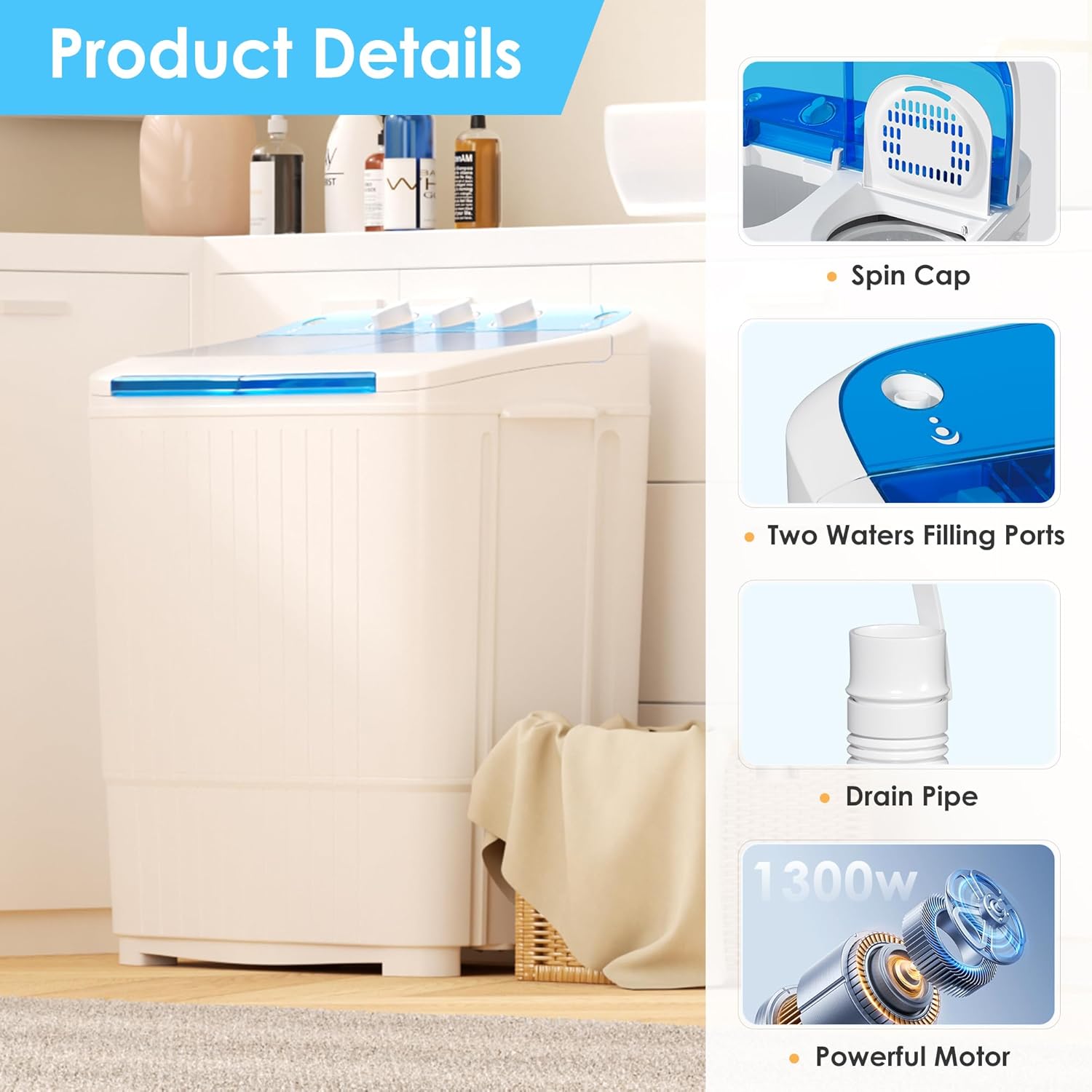 INTERGREAT Portable Washer and Dryer, 16 lbs Mini Small Washing Machine Combo with Spin Dryer, Compact Twin Tub Laundry Washer Machine for Apartments, Dorm, Rv, Camping, Blue