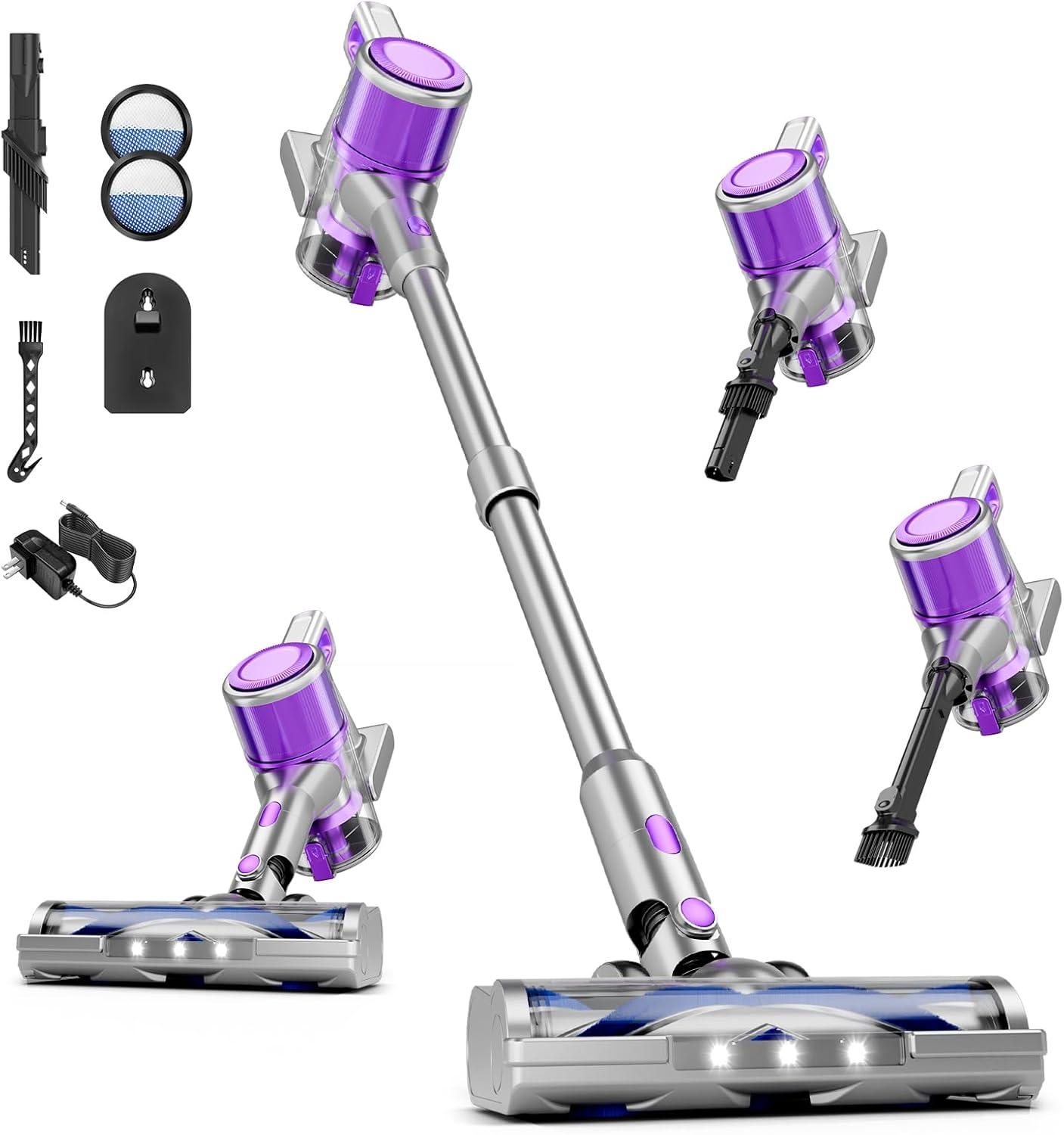 Cordless Vacuum Cleaner, 38Kpa Powerful Stick Vacuum Cleaner with 45mins Rechargeable Battery, LED Anti-Tangle Brush, 8-in-1 Handheld Vacuum Cleaners for Home/Pet Hair/Carpets/Floors, N503-1
