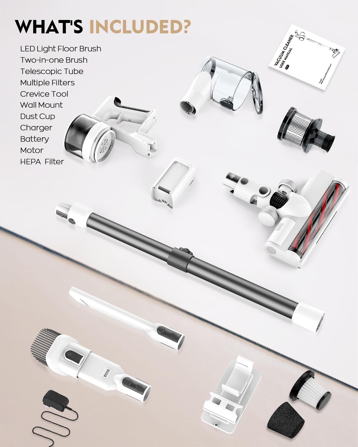 Cordless Vacuums, 80,000PRM Powerful Motor Vacuum Cleaner and 2200mAH Rechargeable Battery up to 35 Mins Worktime, 2 Adjustable Modes, Detachable Parts, Wireless Stick Vacuum (Night White)