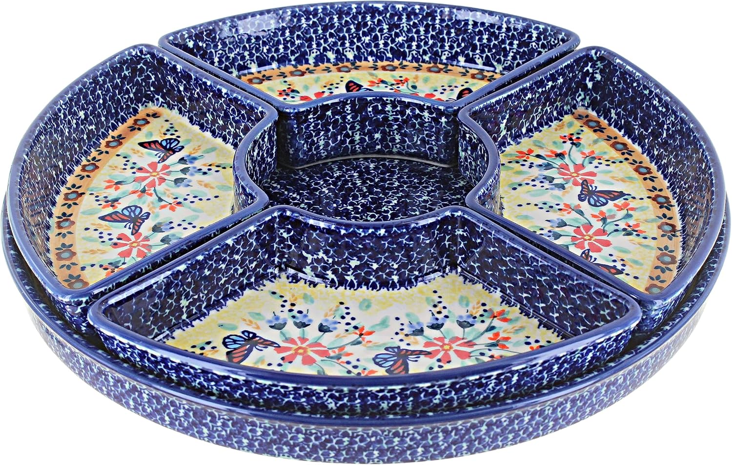 Blue Rose Polish Pottery Blue Butterfly Tray with 4 Plates
