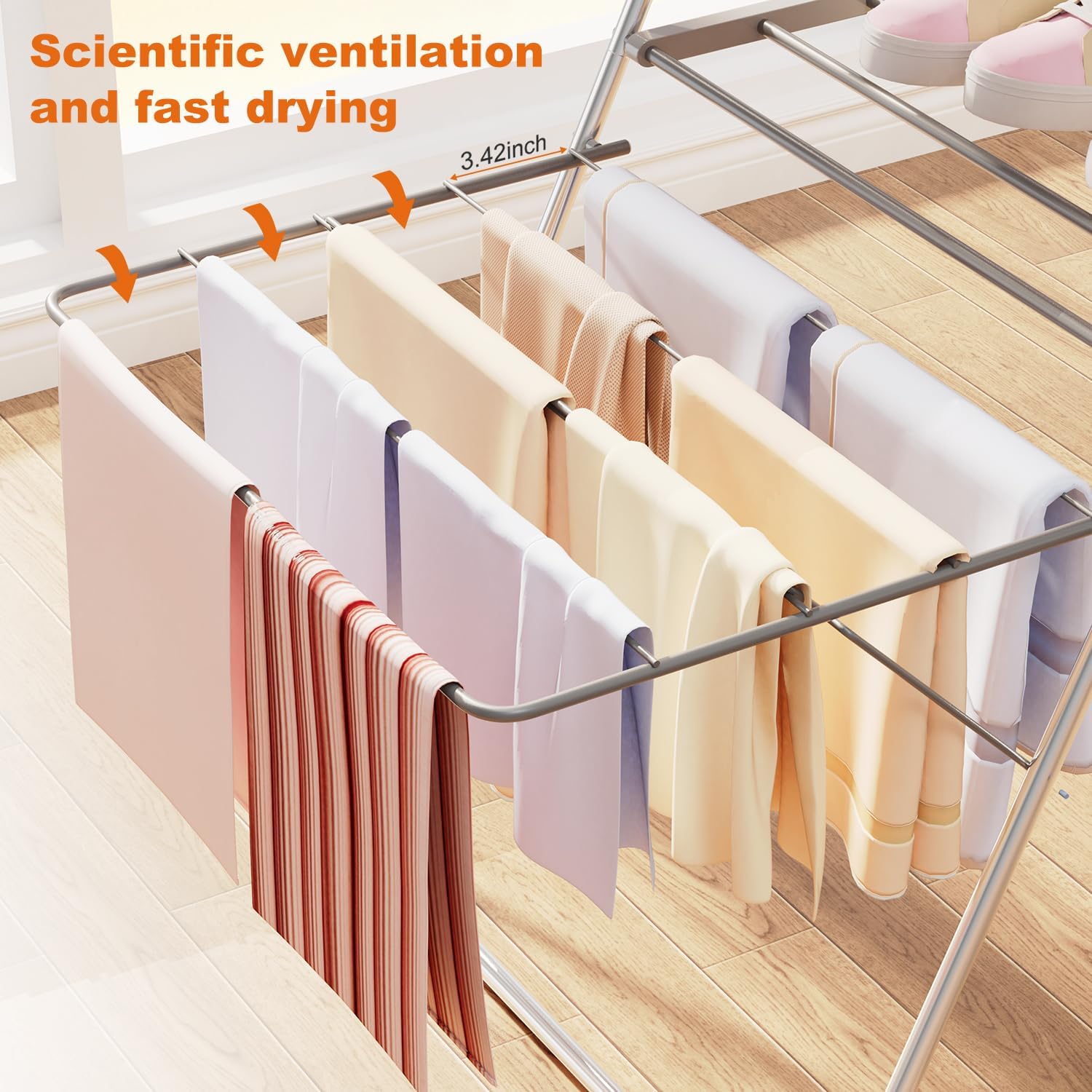 Bigzzia Clothes Drying Rack Foldable, 2-Level Large Laundry Drying Rack Collapsible, Stainless Steel Drying Rack Clothing for Indoor Outdoor, Easy to Fold, 33 Drying Rails, 142cm, Gray