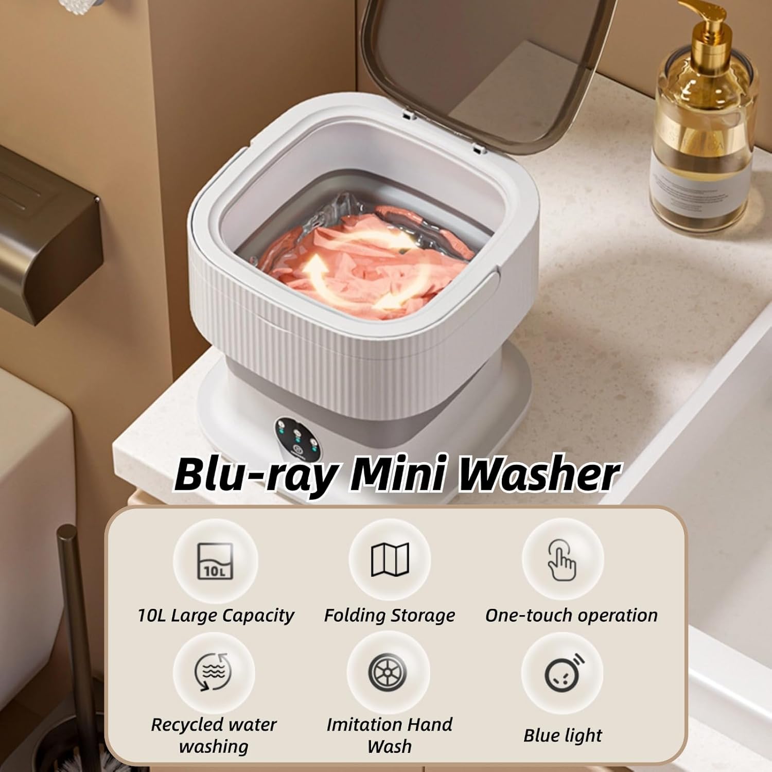 Portable Washing Machine 10L Foldable Mini Washer and Spin Dryer Deep Cleaning Compact Baby Clothes Underwear Washer for Apartment Dorm Camping RV Travel Portable Washers
